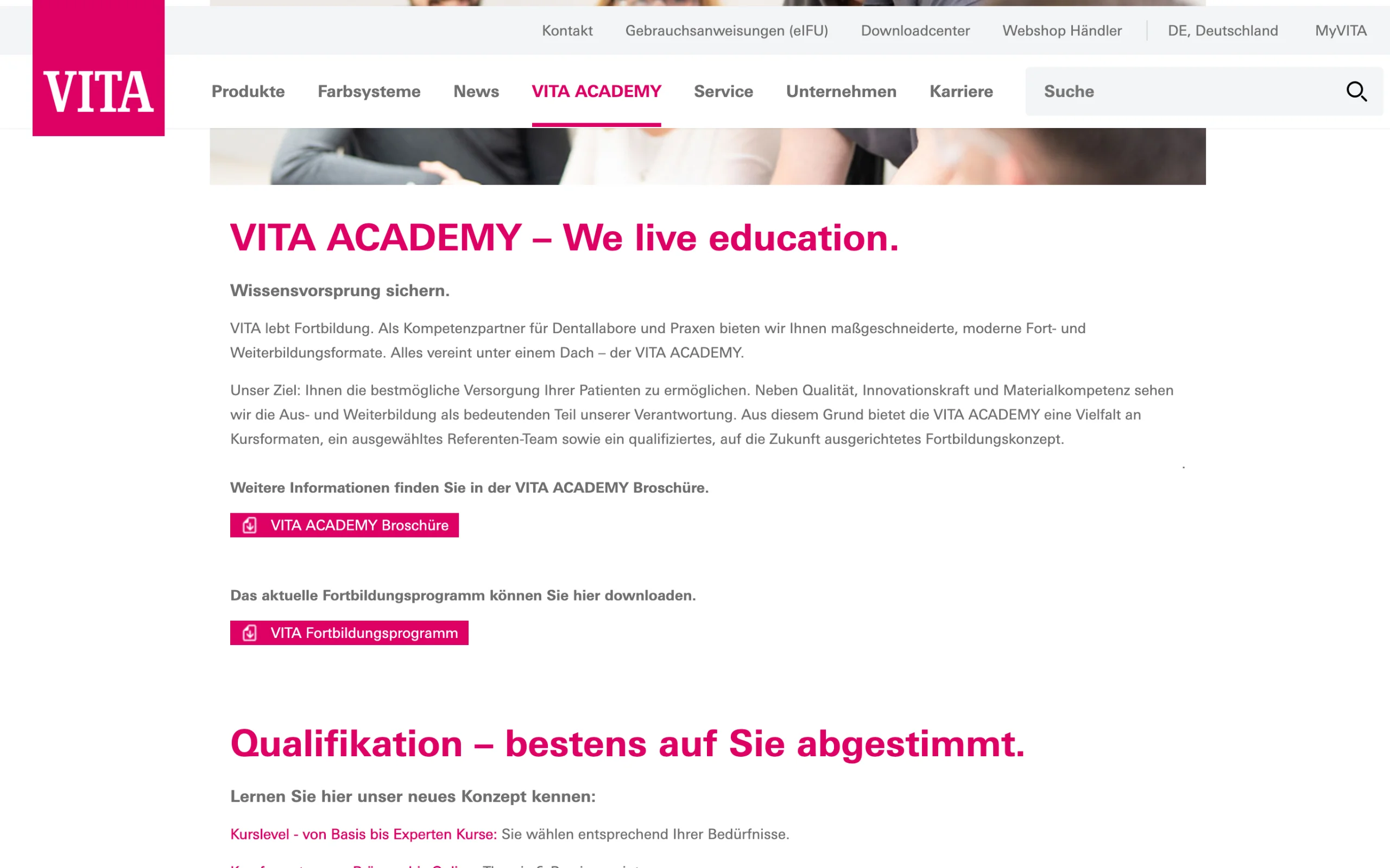 Screenshot-Beleg: VITA Zahnfabrik — Kriterium 6.4 Schulungs- / Education-Hub