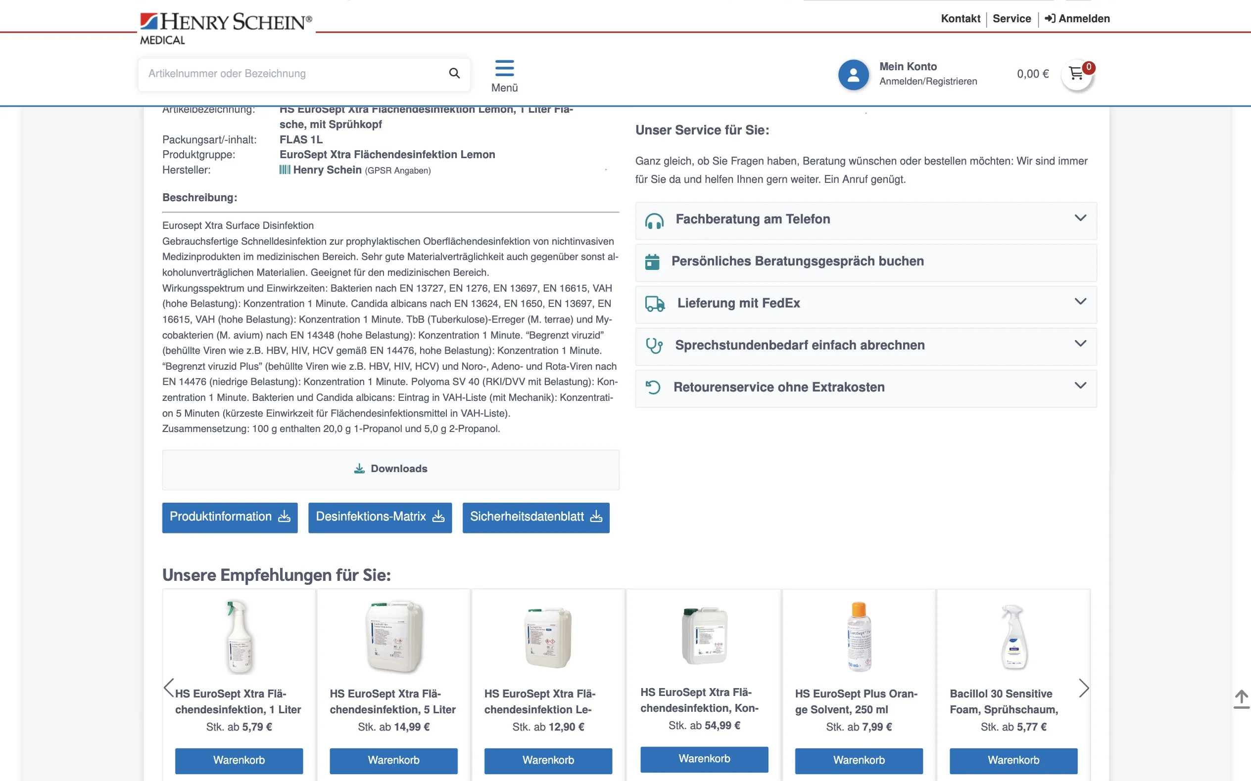 Screenshot-Beleg: Henry Schein Medical — Kriterium 4.2 Tech. Dokumente downloadbar