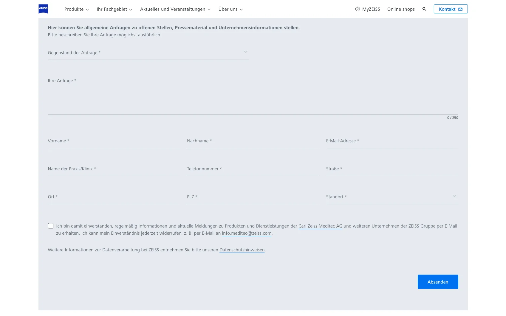 Screenshot-Beleg: Carl Zeiss Meditec — Kriterium 6.2 Live-Chat oder Chatbot