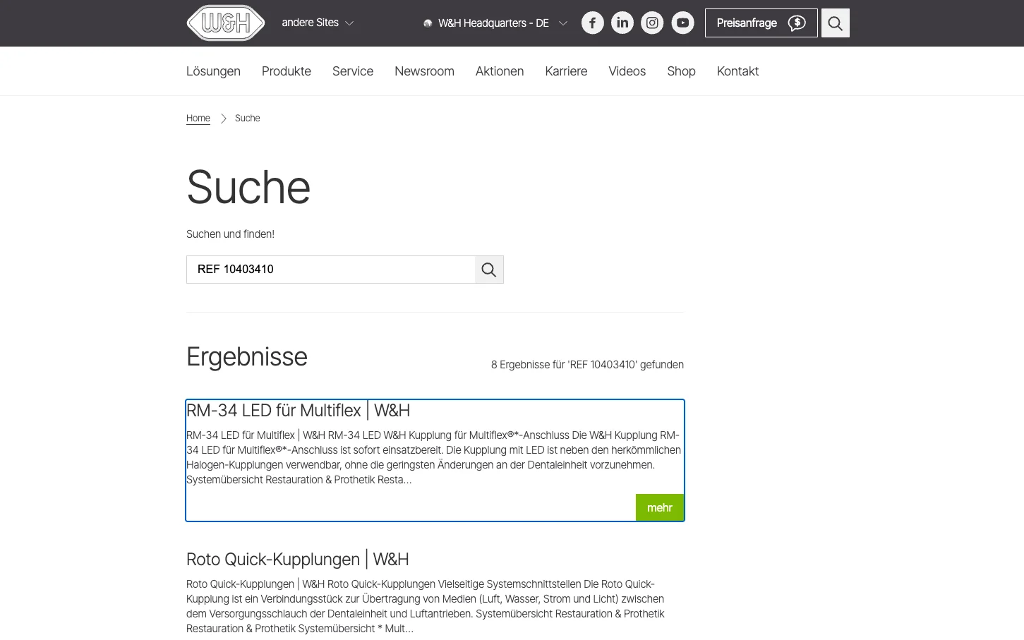 Screenshot-Beleg: W&H Dentalwerk — Kriterium 2.2 Suche per Artikelnr./PZN/REF
