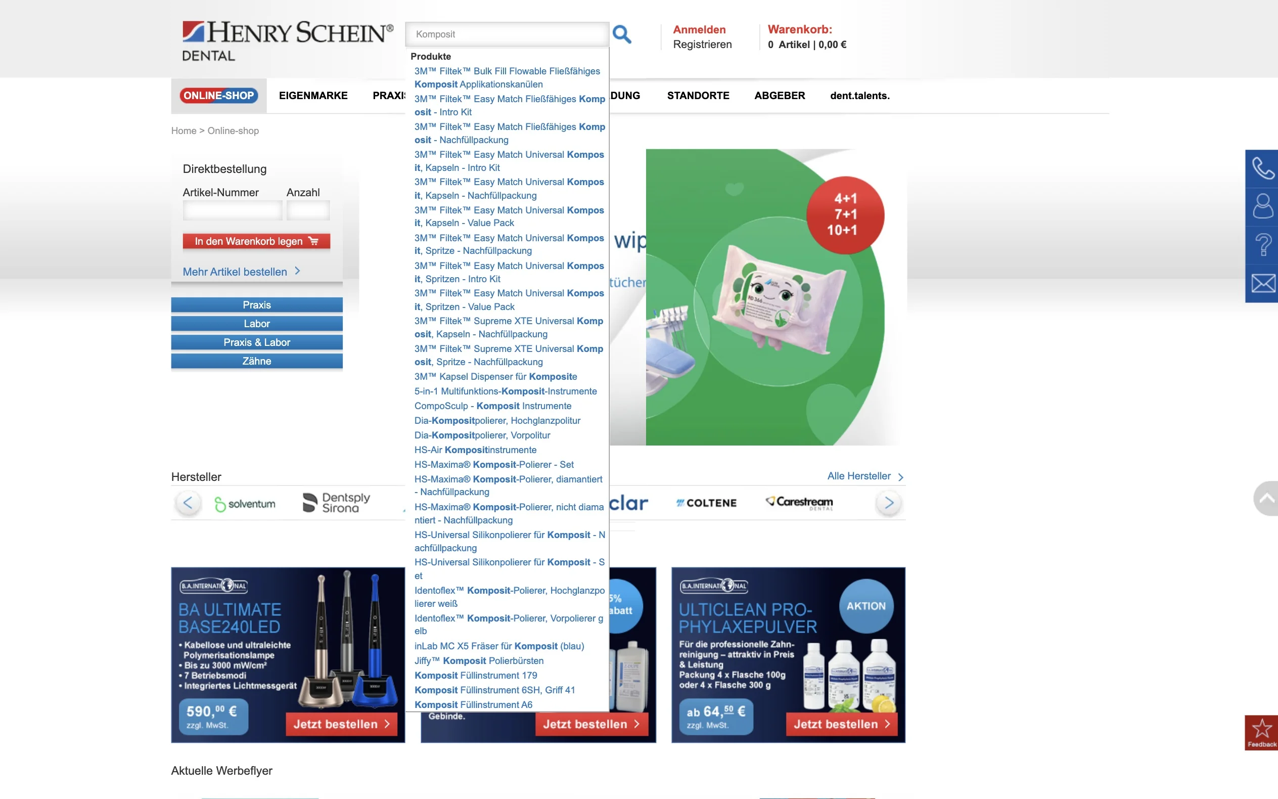 Screenshot-Beleg: Henry Schein Dental — Kriterium 2.3 Suchvorschläge während der Eingabe