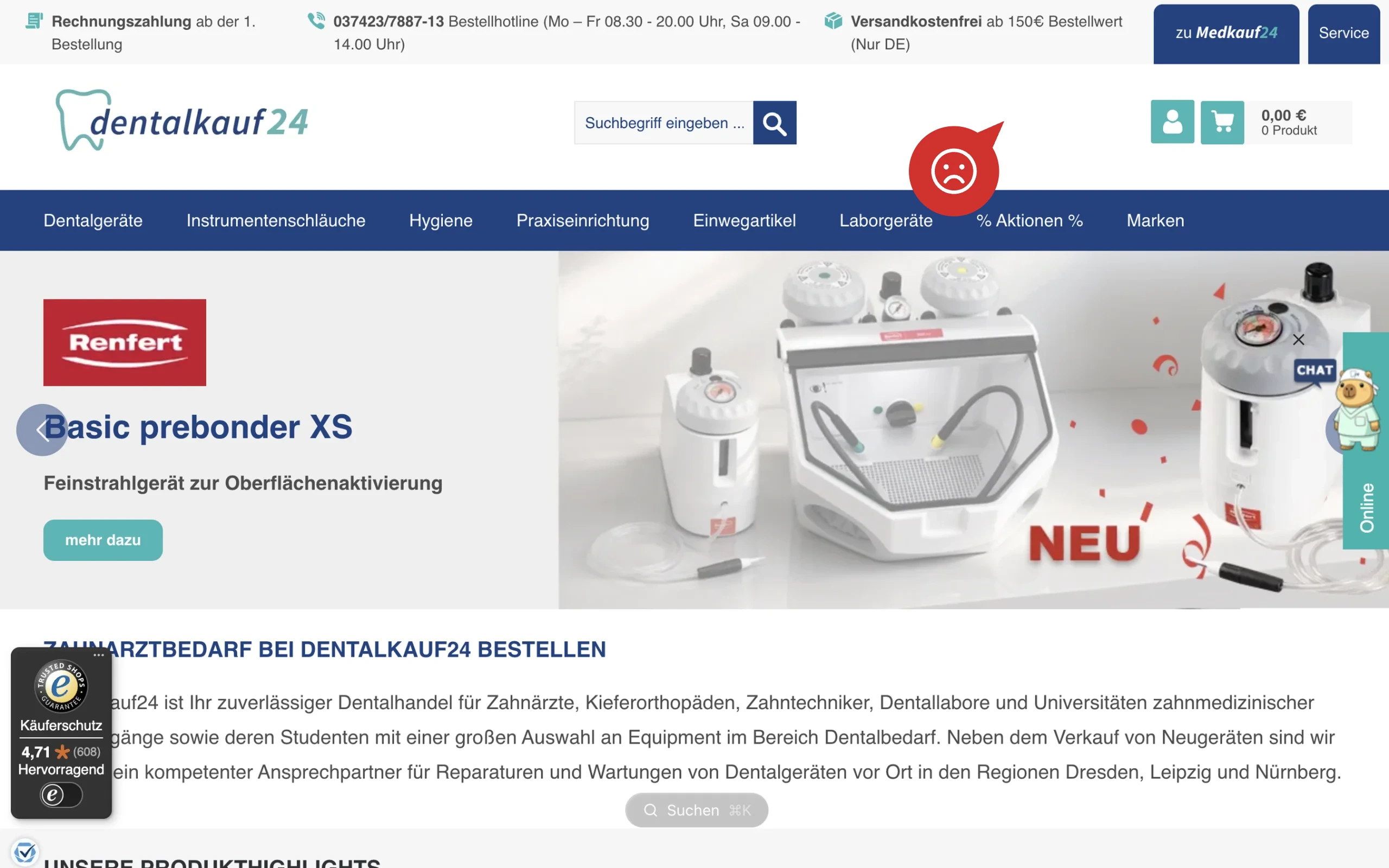 Screenshot-Beleg: Dentalkauf24 — Kriterium 1.5 Sprachauswahl