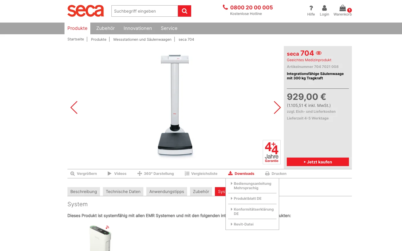 Screenshot-Beleg: SECA — Kriterium 4.2 Tech. Dokumente downloadbar