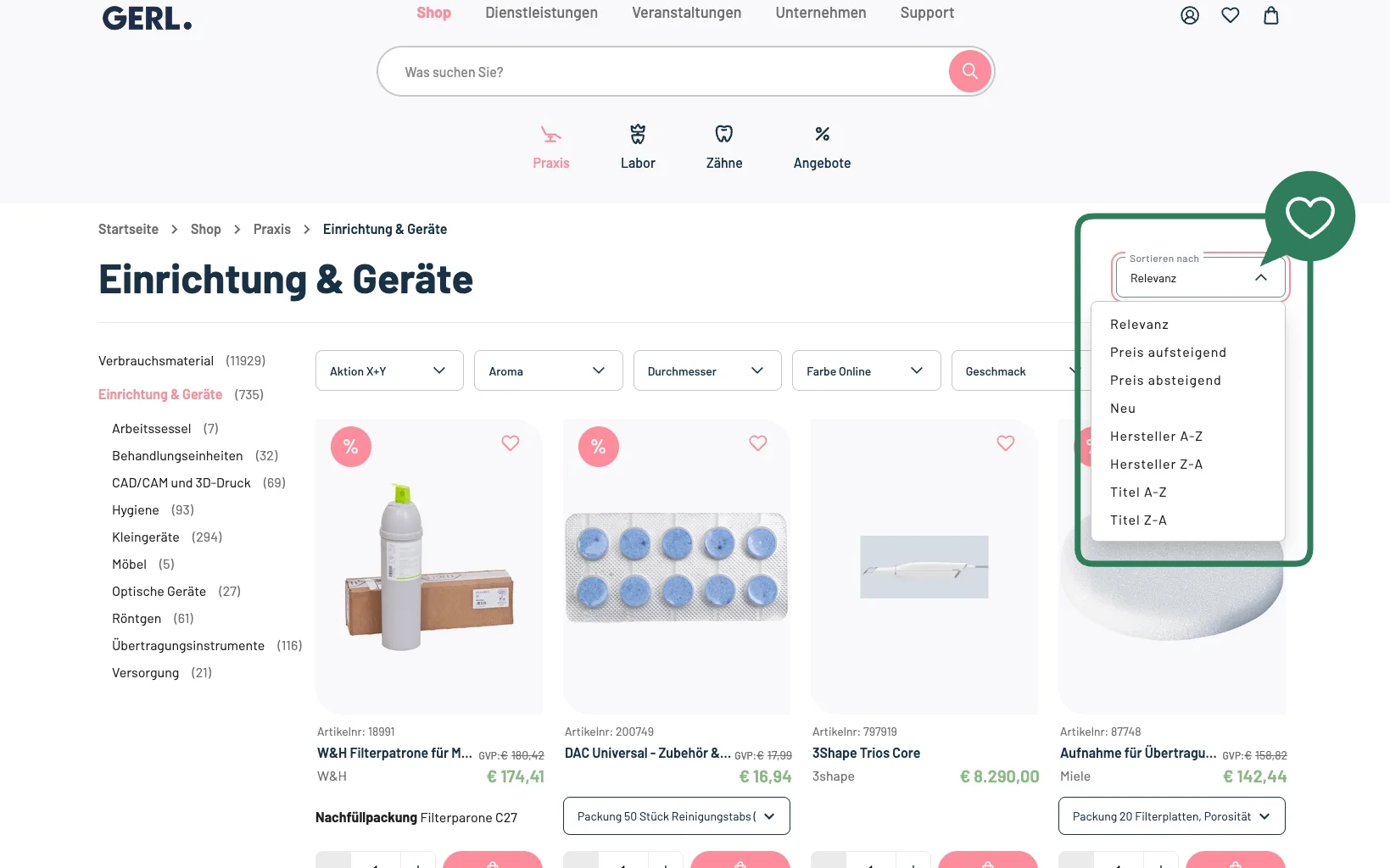 Screenshot-Beleg: Gerl Dental — Kriterium 3.2 Sortieroptionen