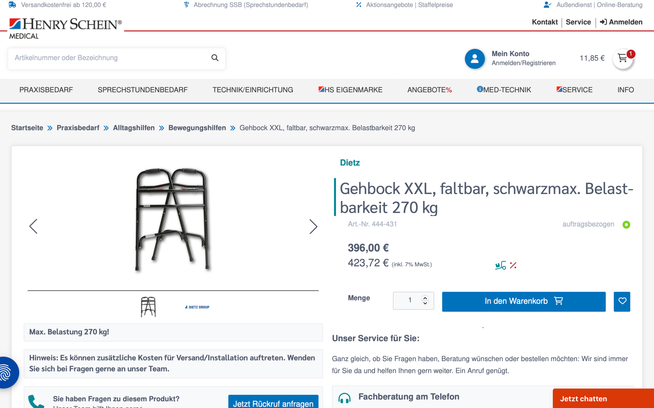 Screenshot-Beleg: Henry Schein Medical — Kriterium 2.1 Suchfeld persistent in Top-Bar