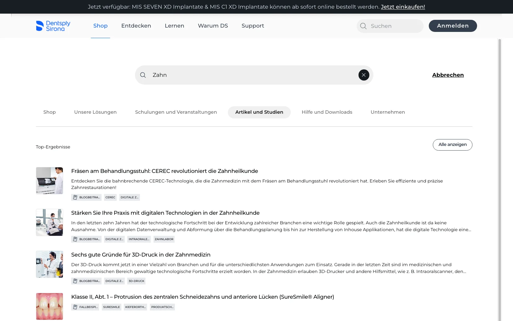 Screenshot-Beleg: Dentsply Sirona — Kriterium 4.5 Klinische Studien / Evidenz