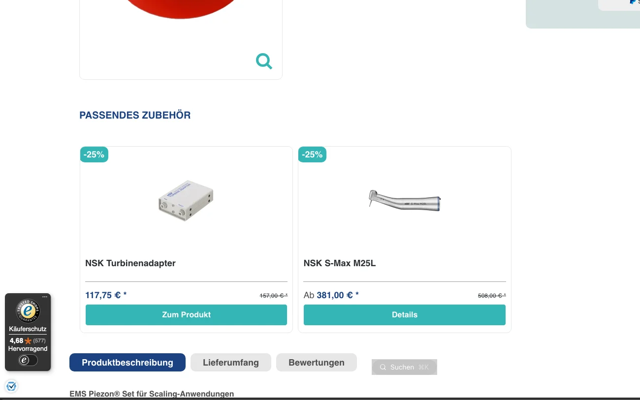 Screenshot-Beleg: Dentalkauf24 — Kriterium 4.9 Passende Produkte & Zubehör