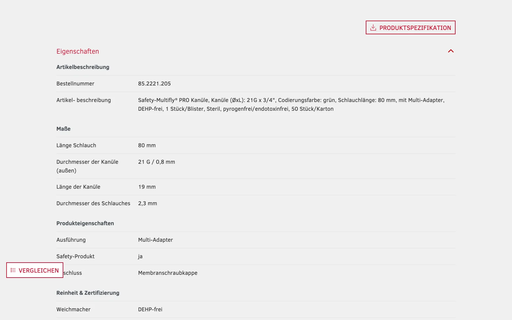 Screenshot-Beleg: Sarstedt — Kriterium 4.3 Strukturierte Produktinformation