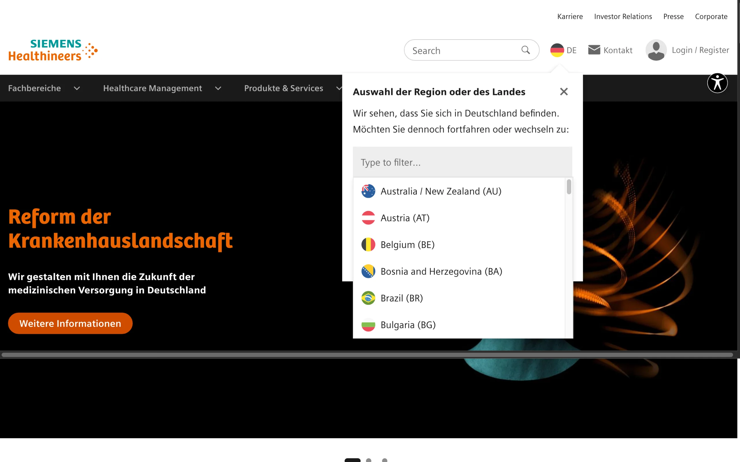 Screenshot-Beleg: Siemens Healthineers — Kriterium 1.5 Sprachauswahl