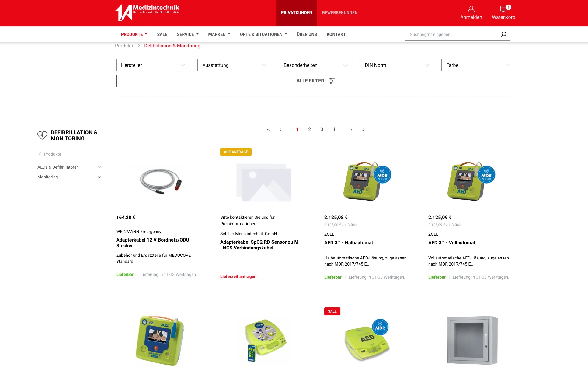 Screenshot-Beleg: 1a-medizintechnik — Kriterium 3.1 Filter in der Produktliste (Anzahl)