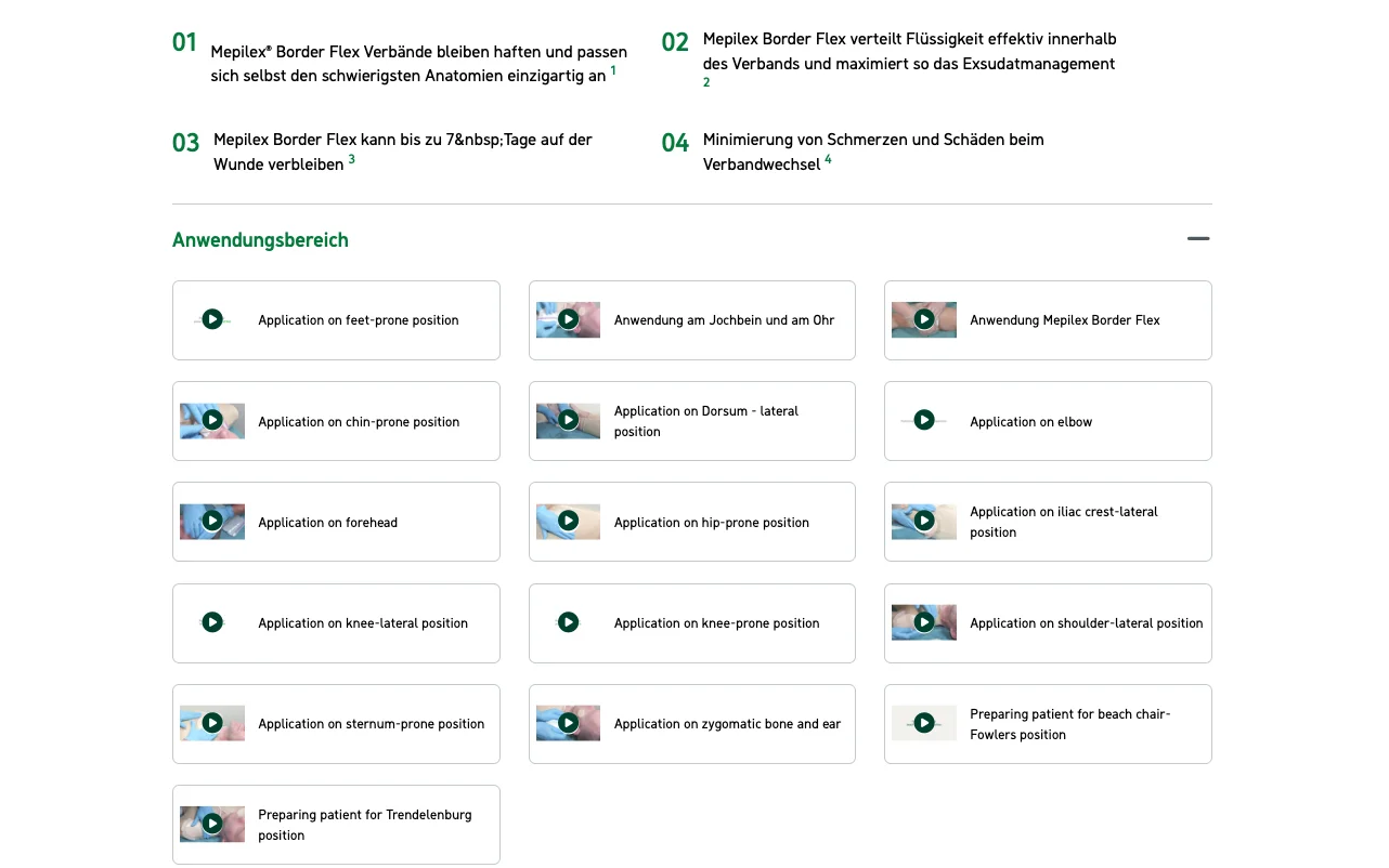 Screenshot-Beleg: Mölnlycke Health Care — Kriterium 4.6 Anwendungs-/Demo-Video auf der Produktseite