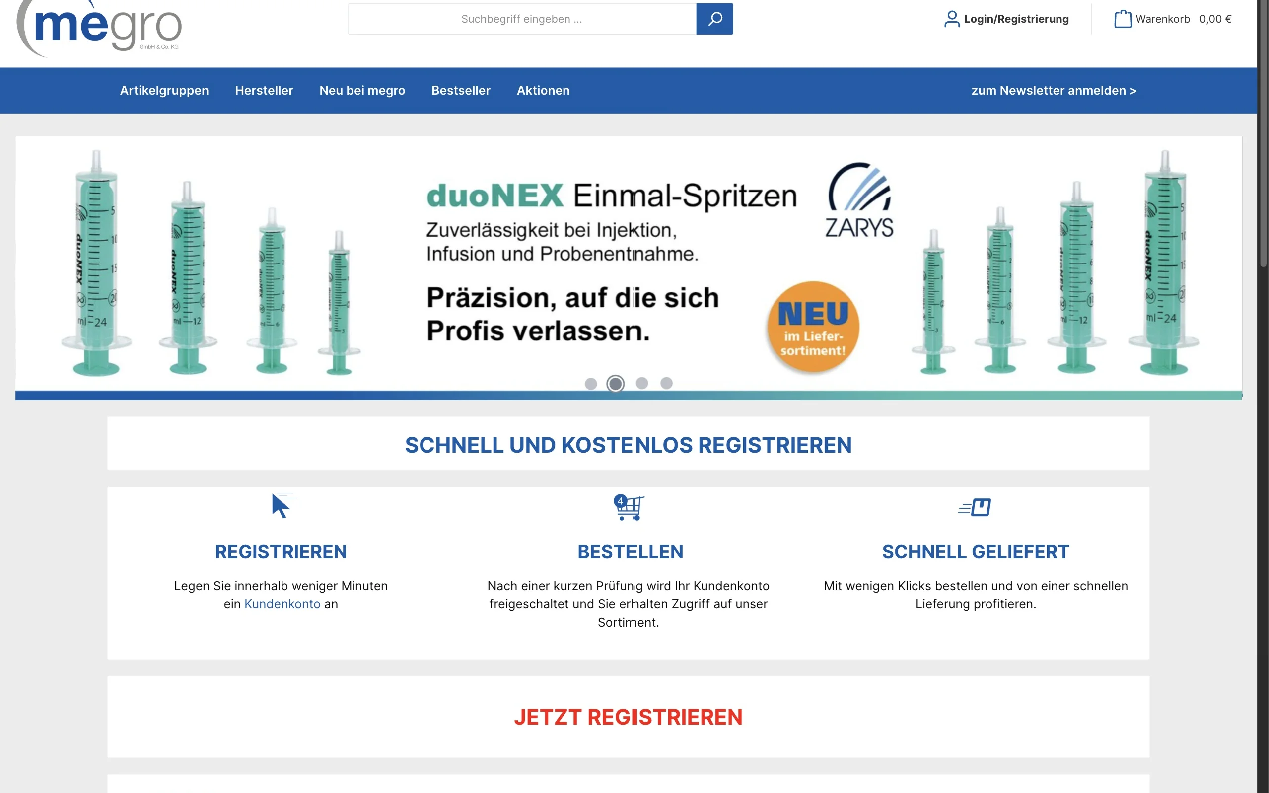 Screenshot-Beleg: Megro — Kriterium 2.1 Suchfeld persistent in Top-Bar