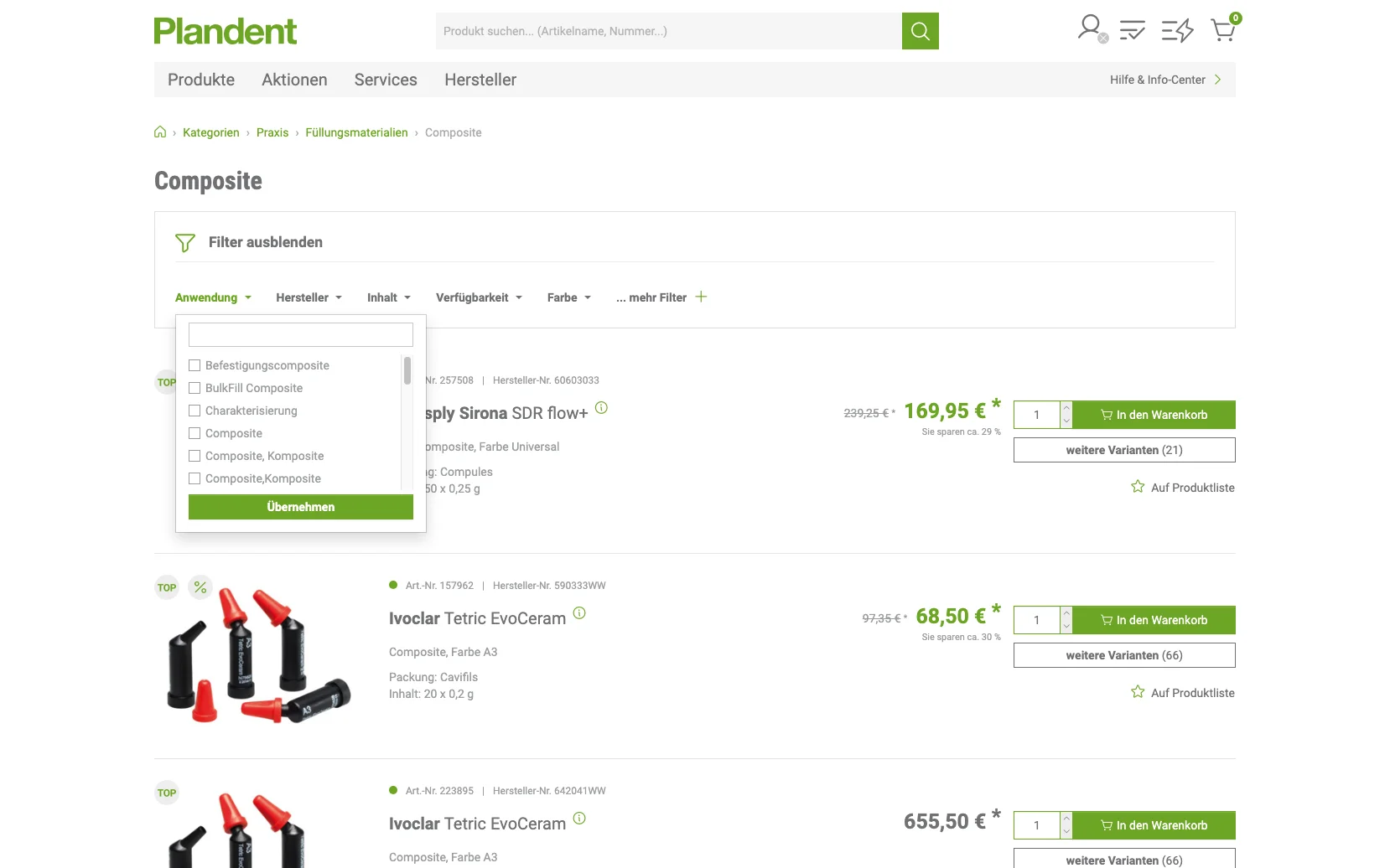 Screenshot-Beleg: Plandent — Kriterium 3.1 Filter in der Produktliste (Anzahl)