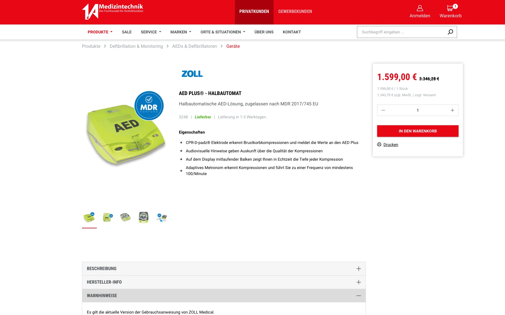 Screenshot-Beleg: 1a-medizintechnik — Kriterium 5.3 Lieferzeit / Verfügbarkeit