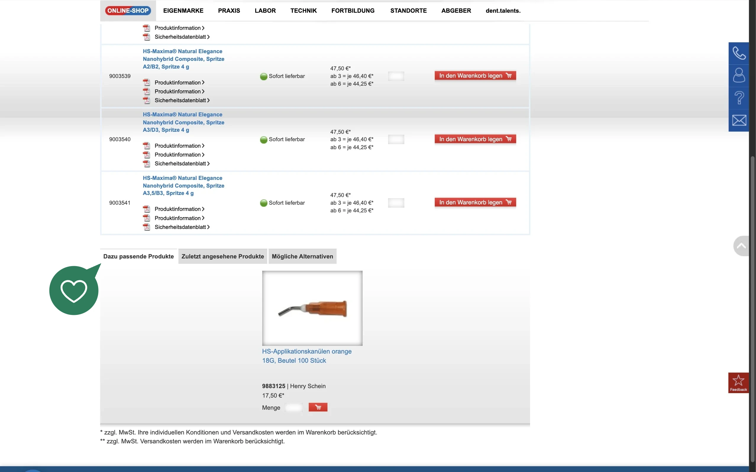 Screenshot-Beleg: Henry Schein Dental — Kriterium 4.9 Passende Produkte & Zubehör