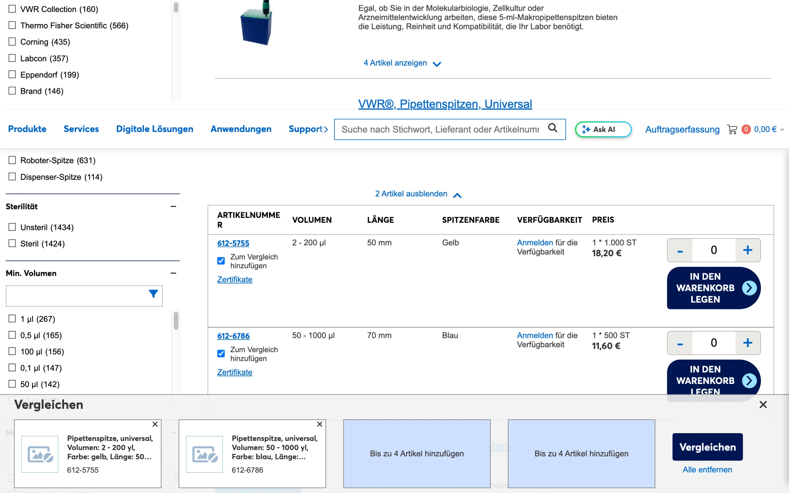 Screenshot-Beleg: VWR / Avantor — Kriterium 3.4 Vergleichsfunktion