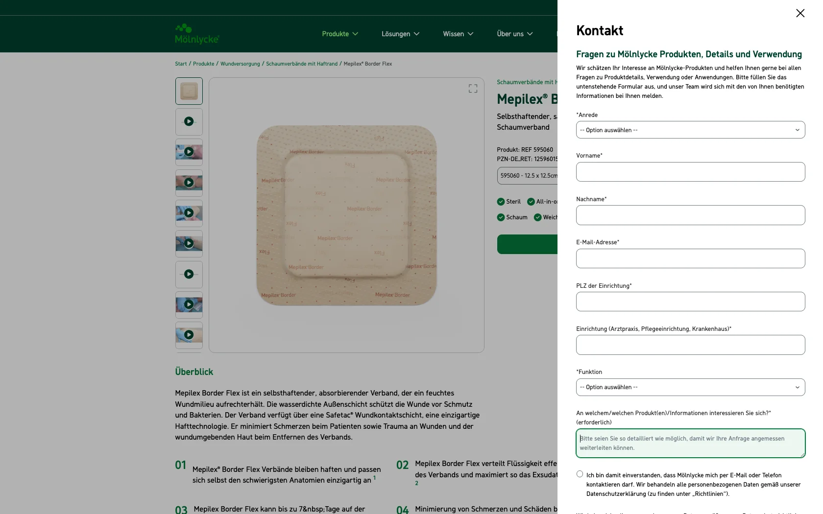 Screenshot-Beleg: Mölnlycke Health Care — Kriterium 5.1 „Wo kaufen"-Info auf Site