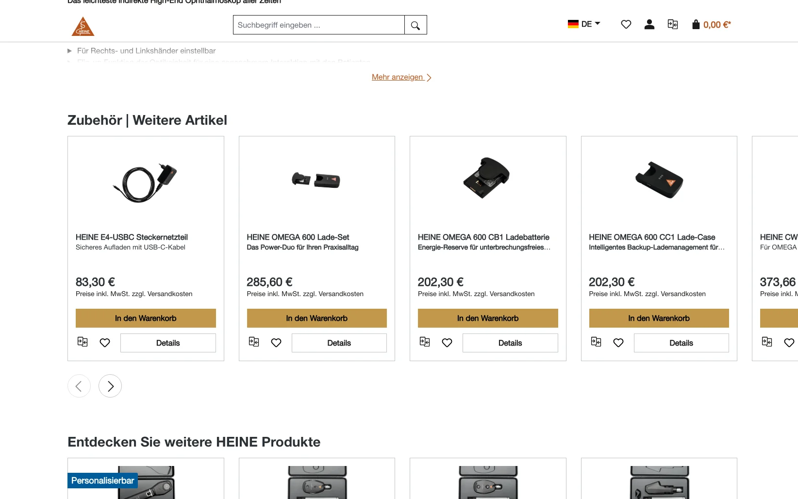Screenshot-Beleg: Heine Optotechnik — Kriterium 4.9 Passende Produkte & Zubehör