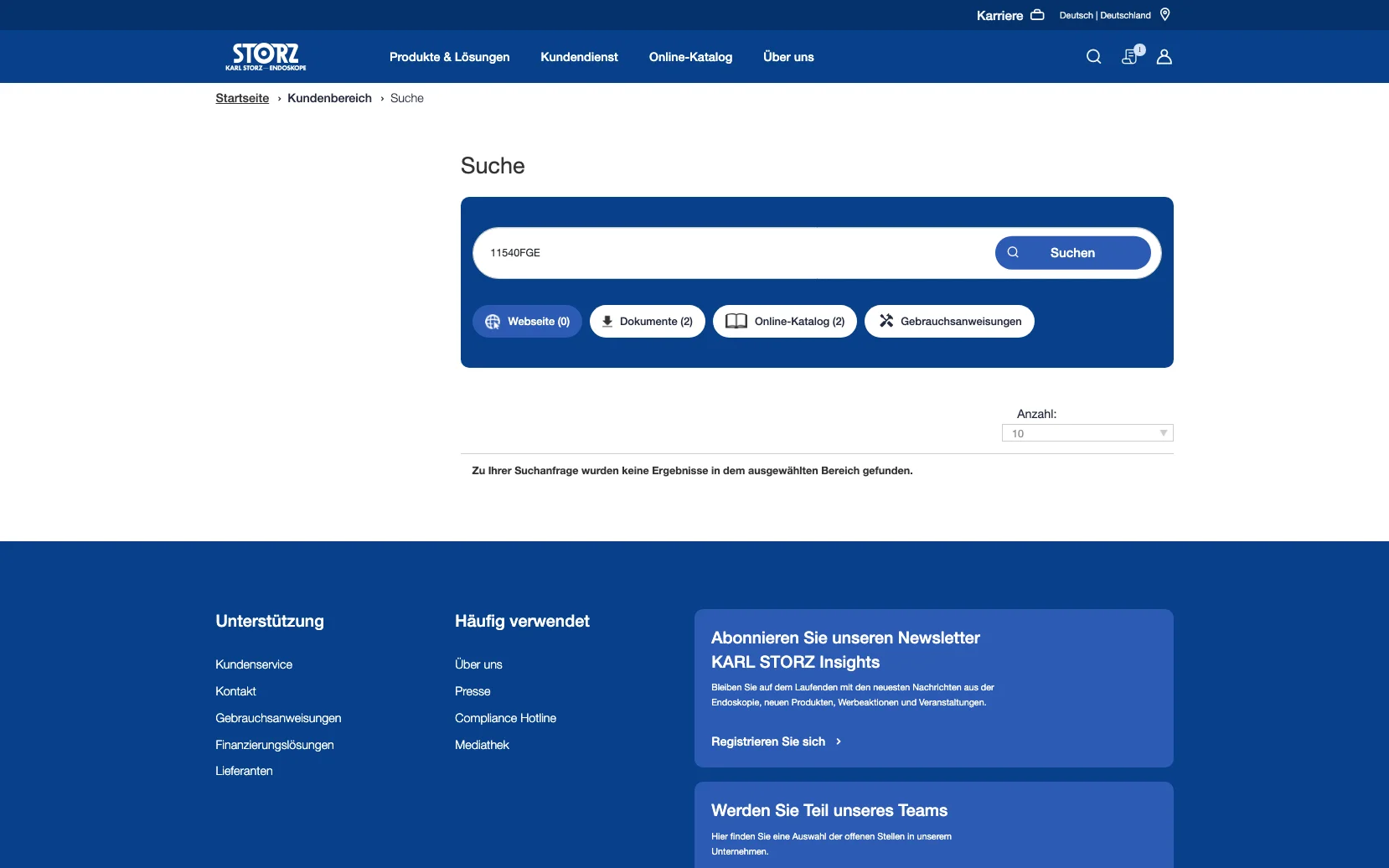 Screenshot-Beleg: Karl Storz — Kriterium 2.2 Suche per Artikelnr./PZN/REF