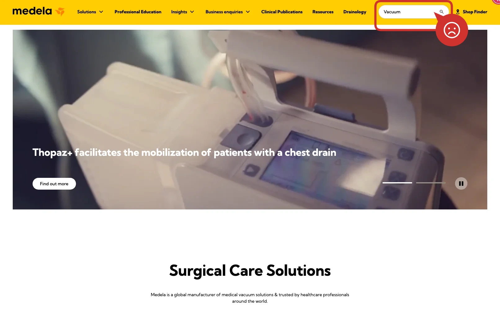Screenshot-Beleg: Medela — Kriterium 2.3 Suchvorschläge während der Eingabe