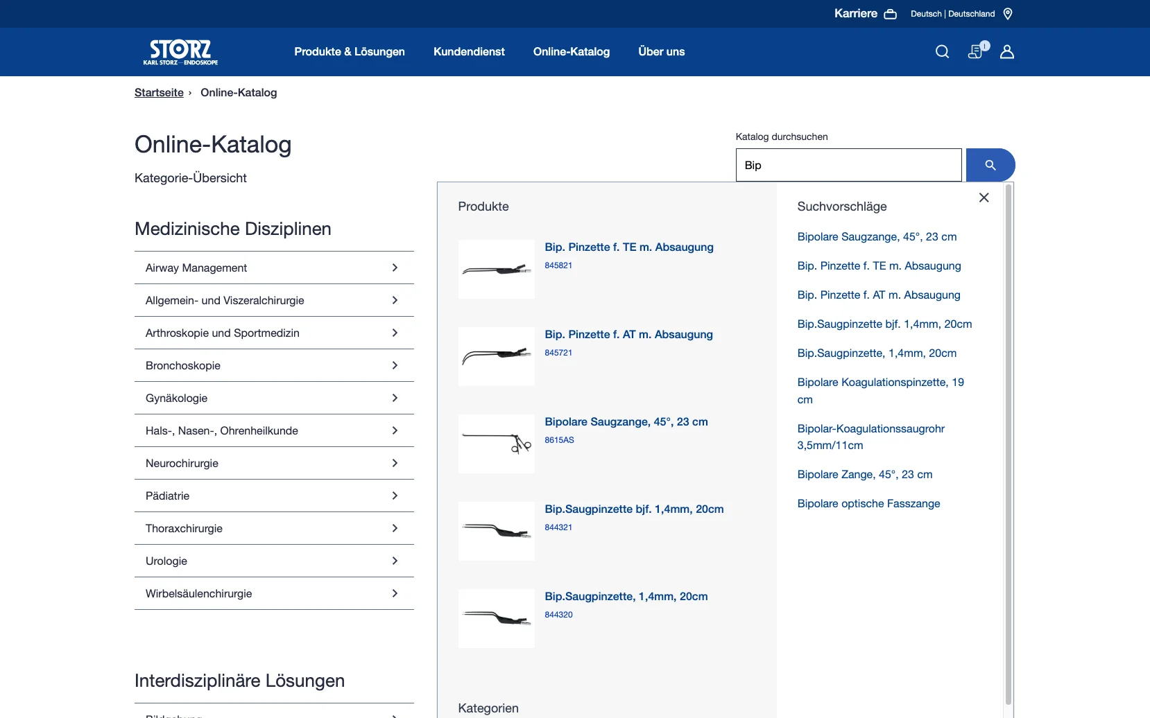 Screenshot-Beleg: Karl Storz — Kriterium 2.3 Suchvorschläge während der Eingabe