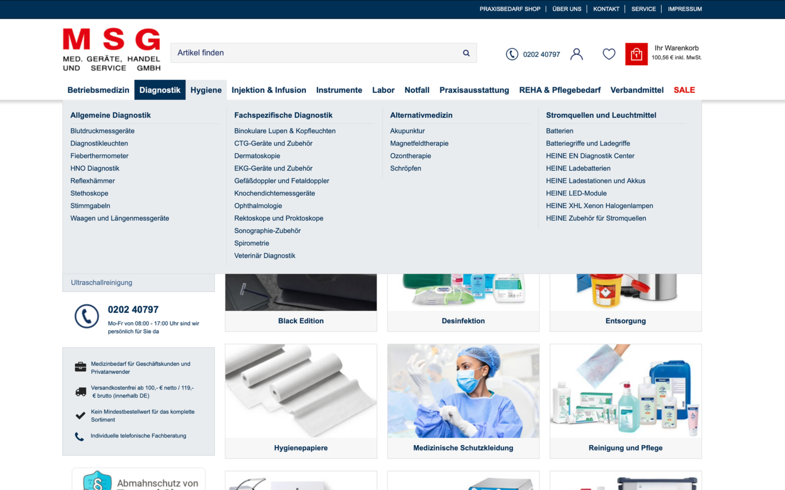 Screenshot-Beleg: MSG-Praxisbedarf — Kriterium 2.4 Mega-Menü / Hauptnavigation