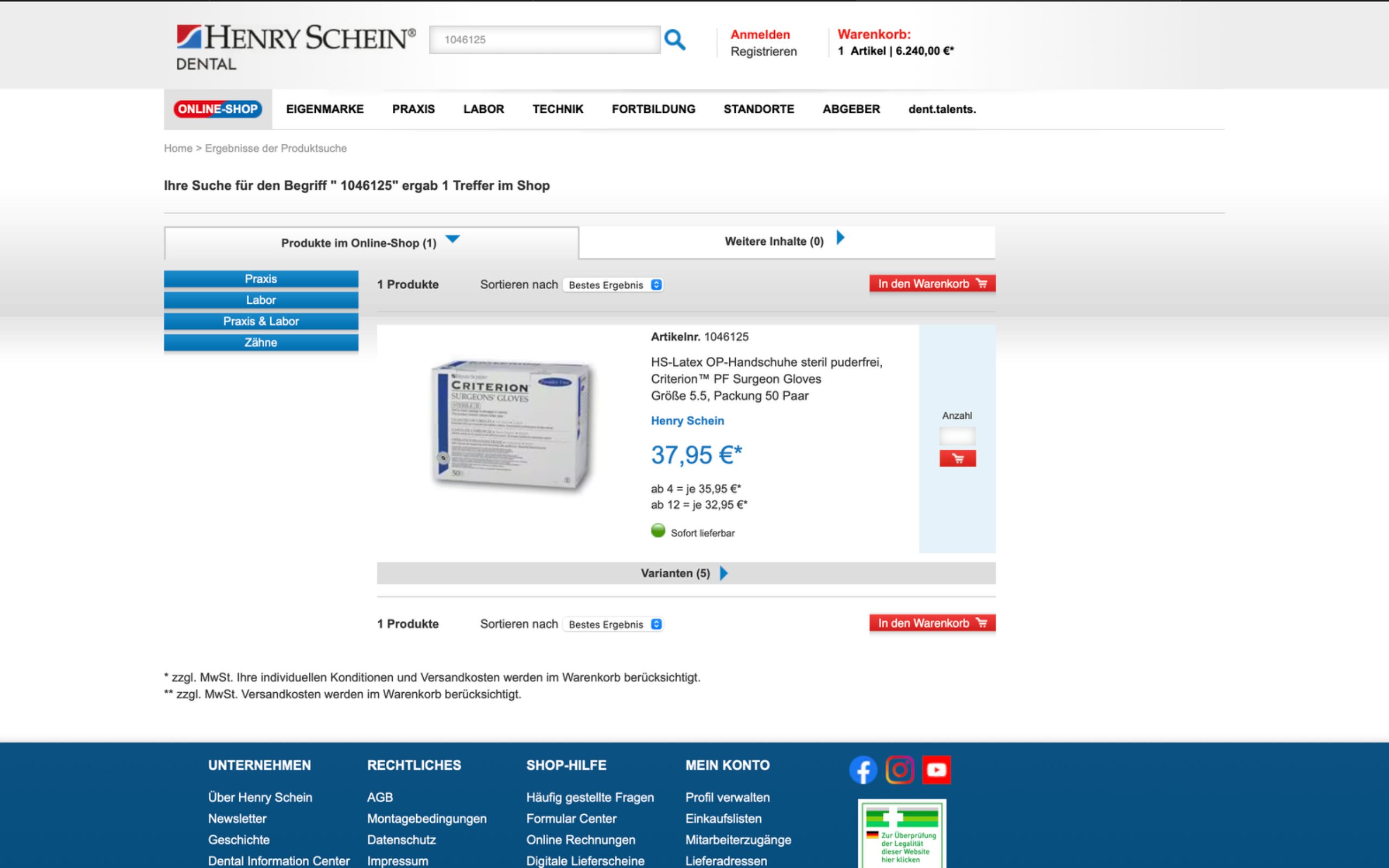 Screenshot-Beleg: Henry Schein Dental — Kriterium 2.2 Suche per Artikelnr./PZN/REF