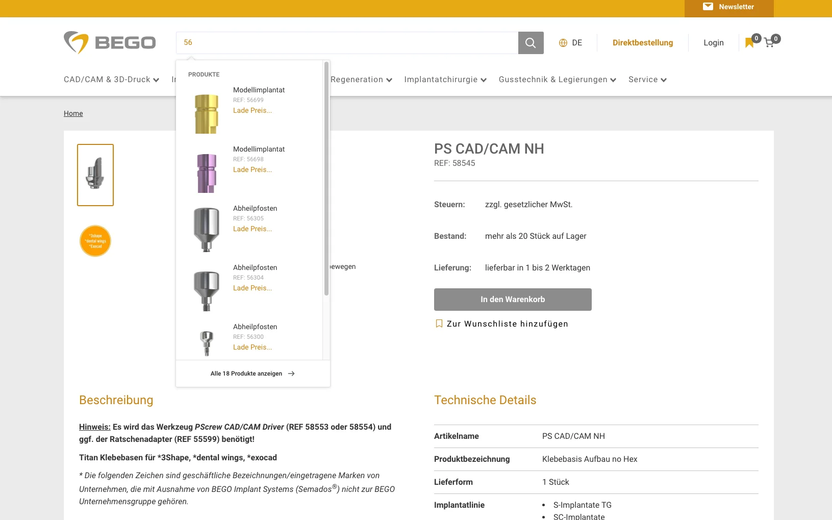 Screenshot-Beleg: BEGO — Kriterium 2.2 Suche per Artikelnr./PZN/REF