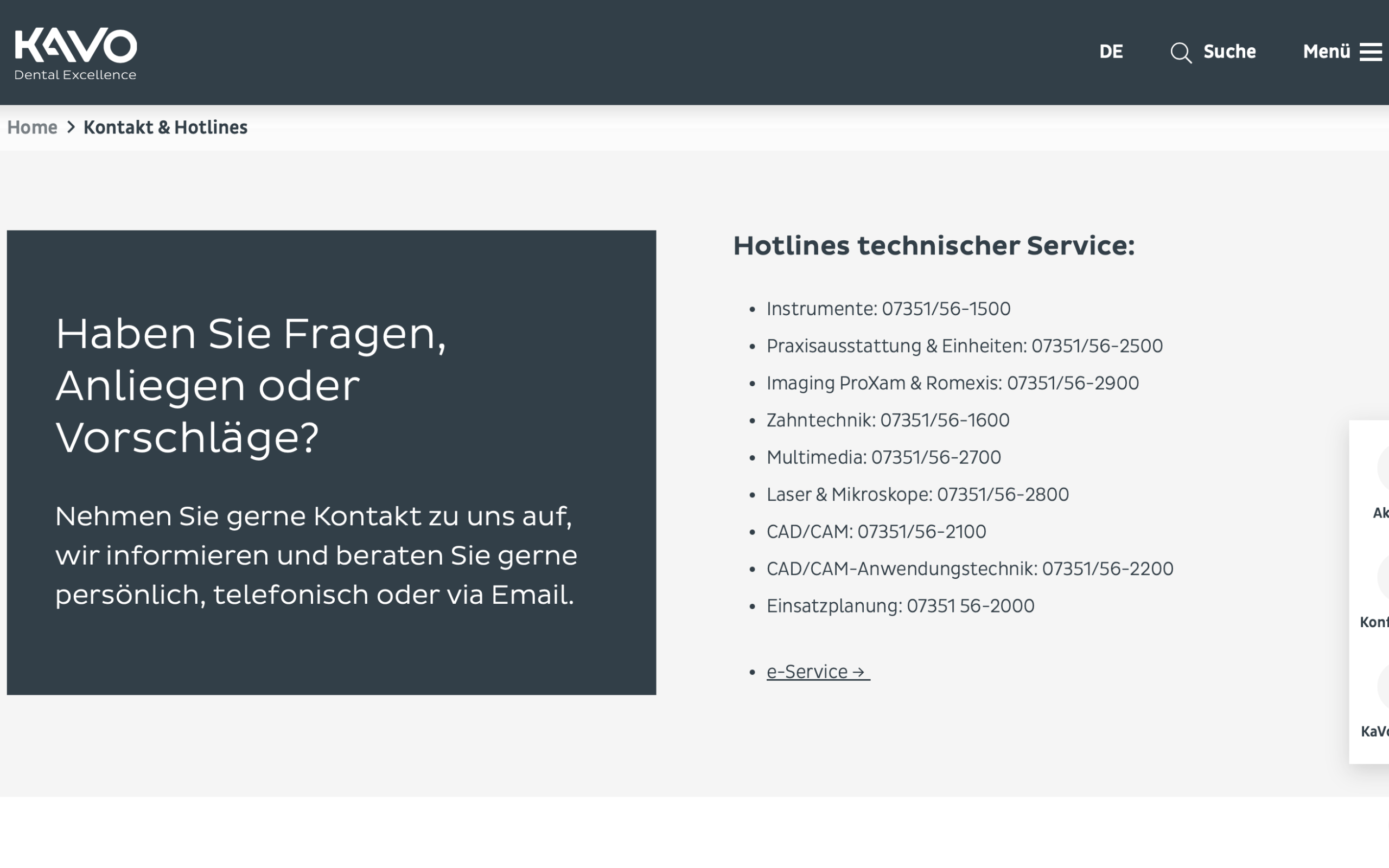 Screenshot-Beleg: KaVo Dental — Kriterium 6.1 Kontaktmöglichkeiten präsent