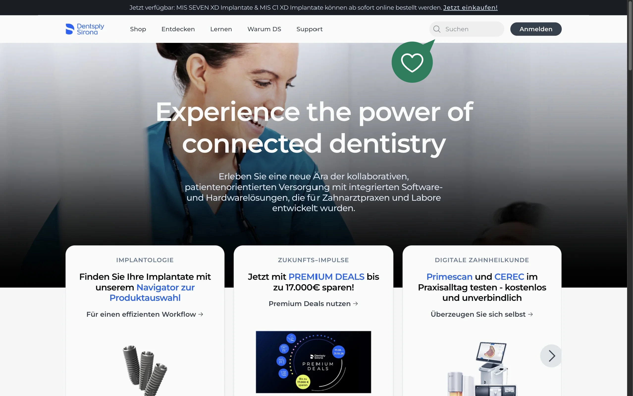 Screenshot-Beleg: Dentsply Sirona — Kriterium 2.1 Suchfeld persistent in Top-Bar