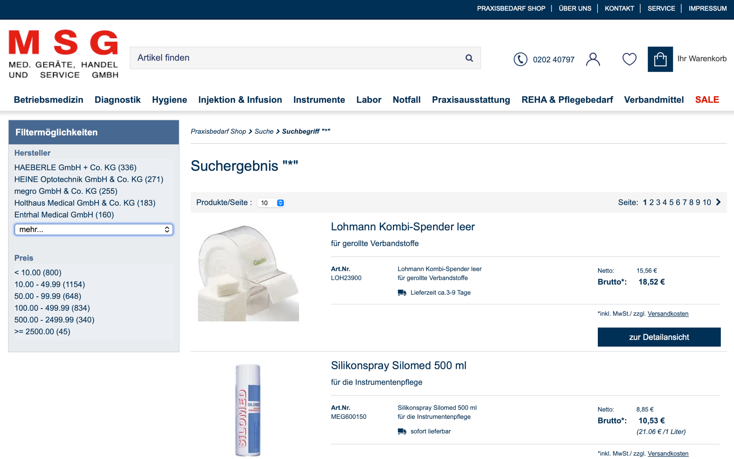 Screenshot-Beleg: MSG-Praxisbedarf — Kriterium 3.1 Filter in der Produktliste (Anzahl)