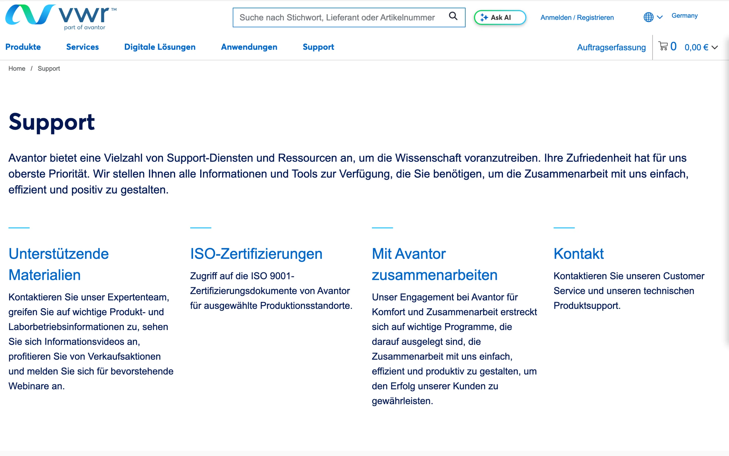 Screenshot-Beleg: VWR / Avantor — Kriterium 6.1 Kontaktmöglichkeiten präsent