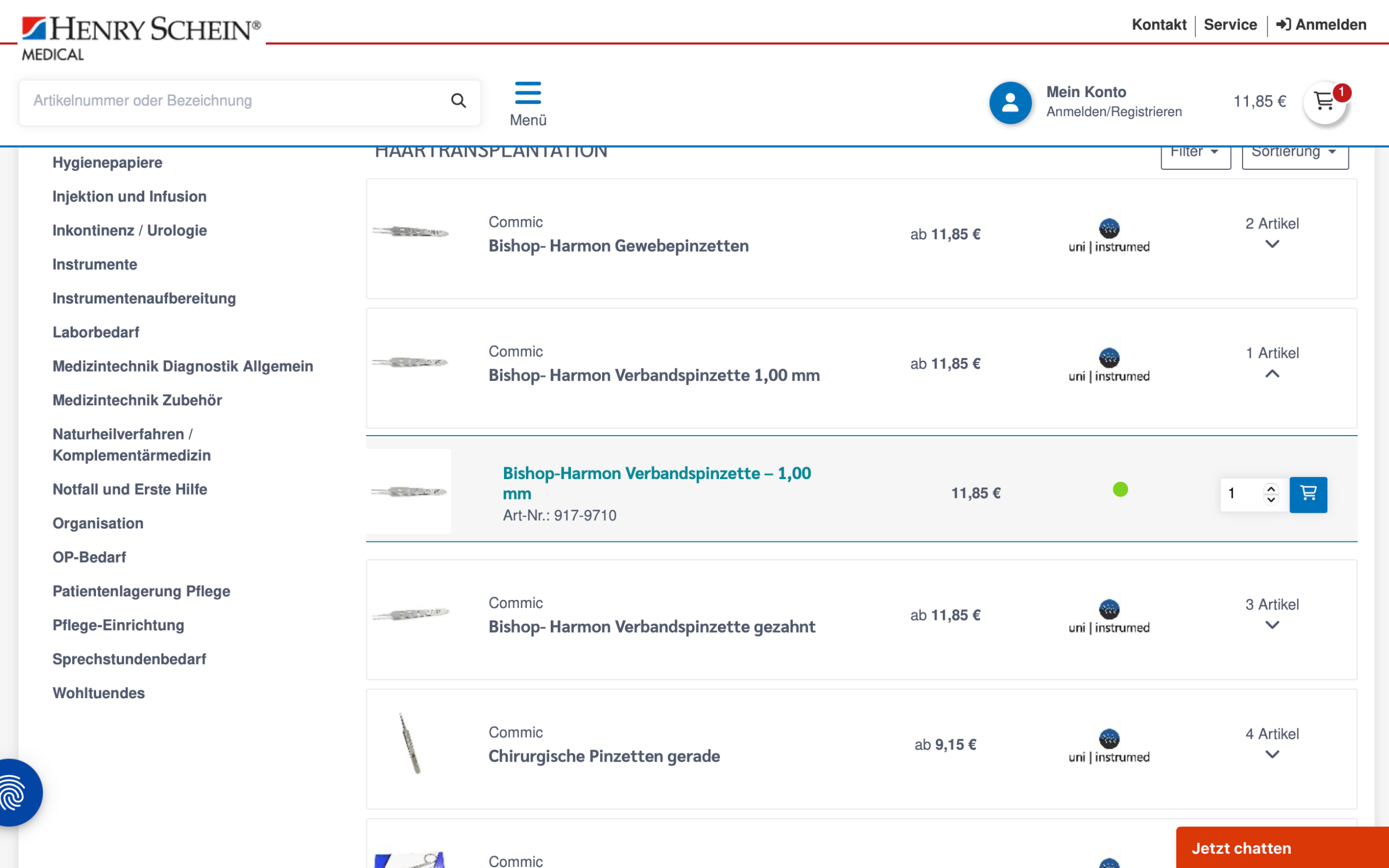 Screenshot-Beleg: Henry Schein Medical — Kriterium 3.3 Produktidentifikation in der Produktliste