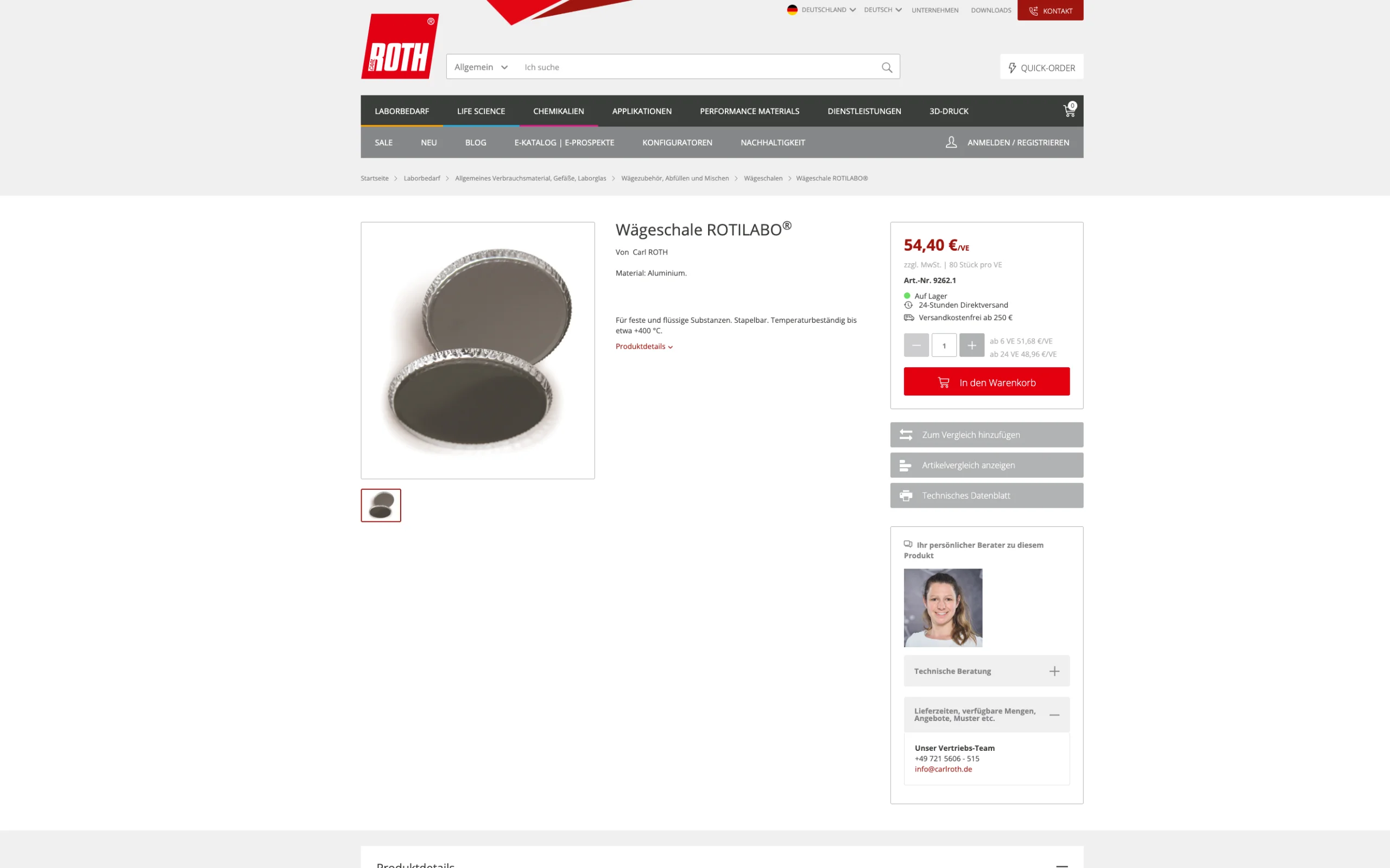 Screenshot-Beleg: Carl Roth — Kriterium 1.4 Design & Gesamteindruck