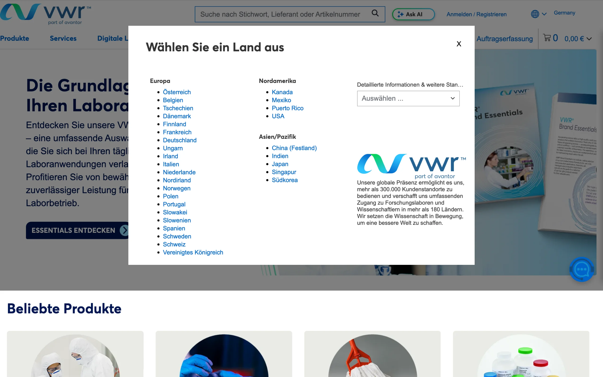 Screenshot-Beleg: VWR / Avantor — Kriterium 1.5 Sprachauswahl