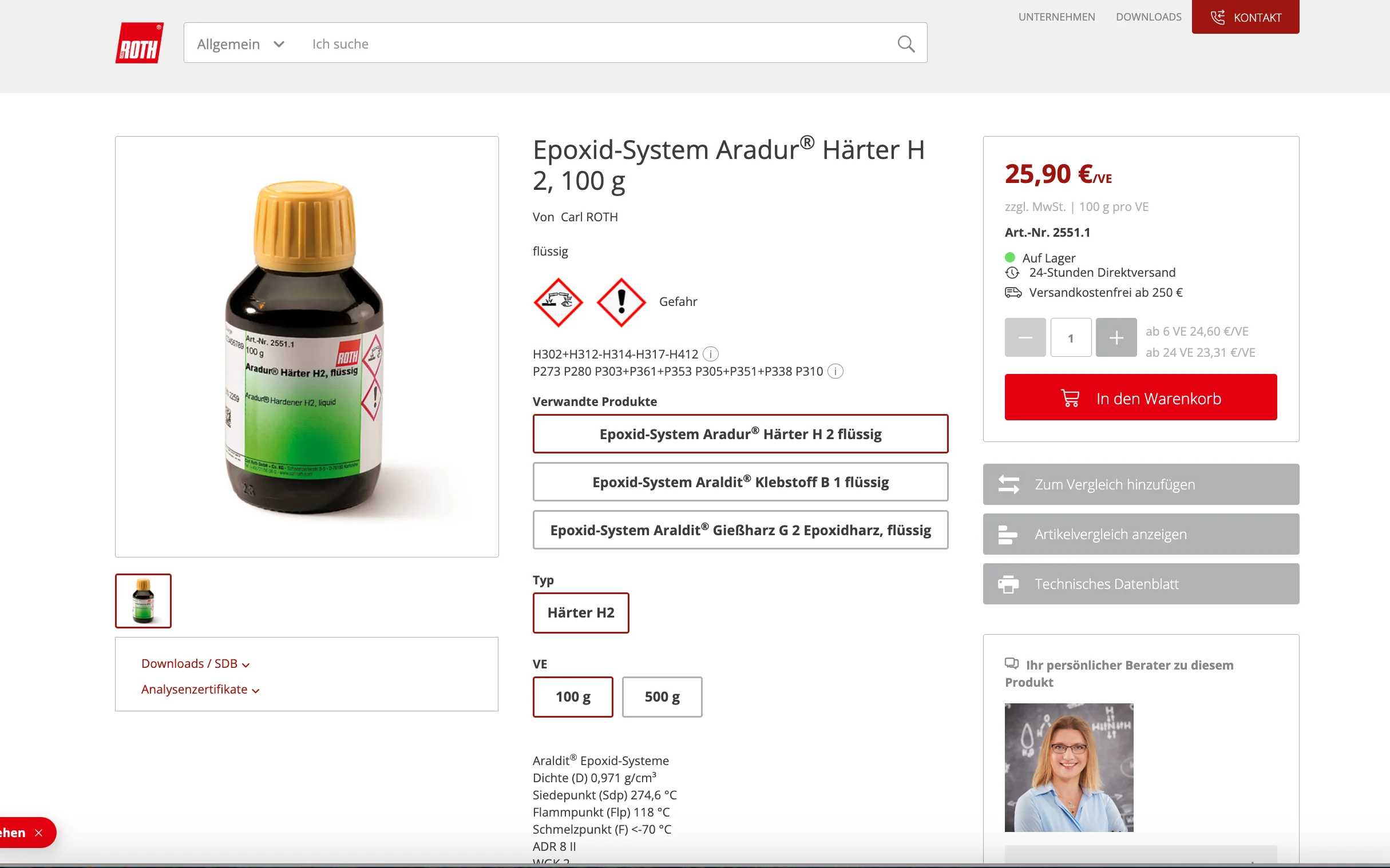 Screenshot-Beleg: Carl Roth — Kriterium 4.4 Verpackungseinheit / Varianten