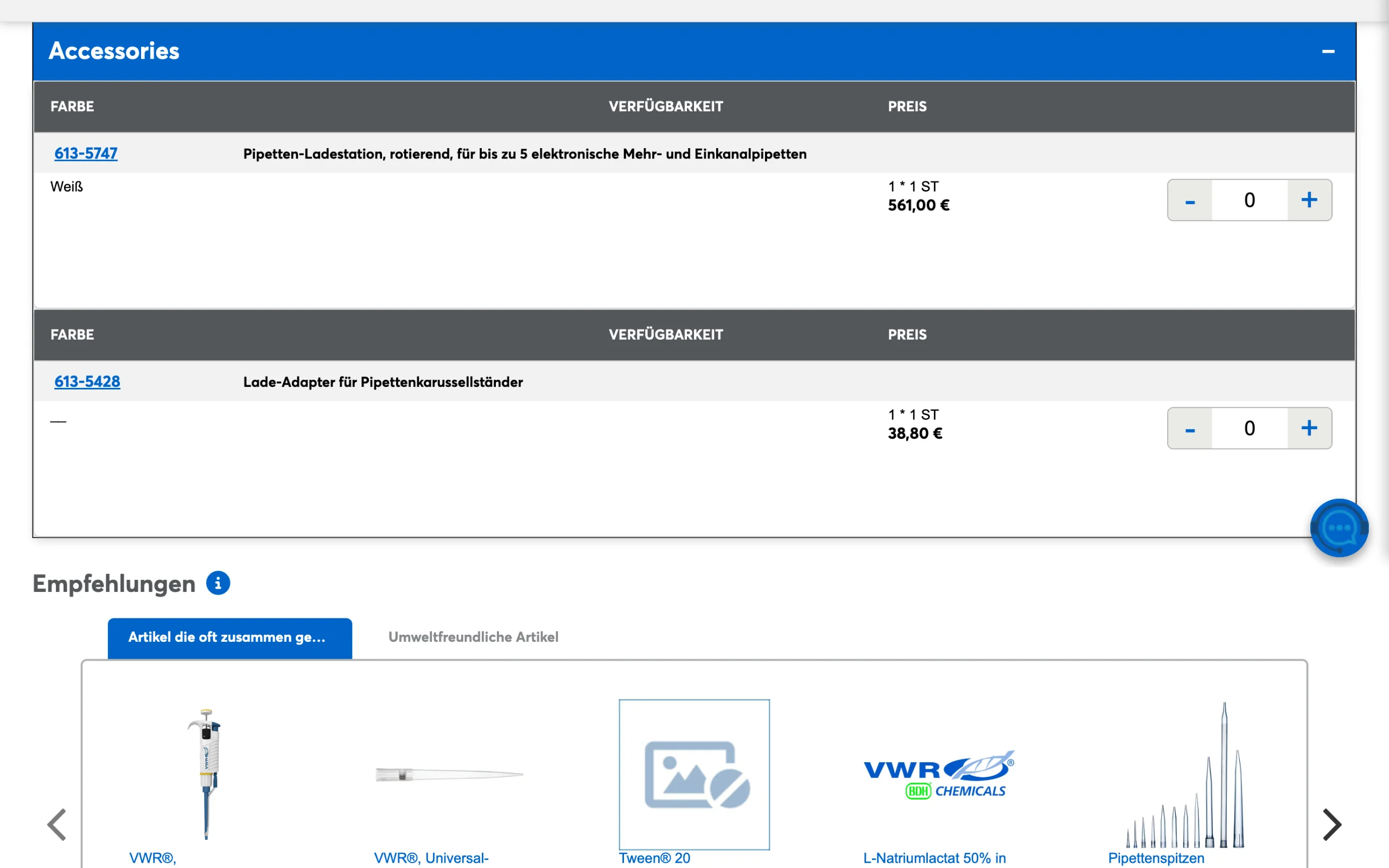Screenshot-Beleg: VWR / Avantor — Kriterium 4.9 Passende Produkte & Zubehör