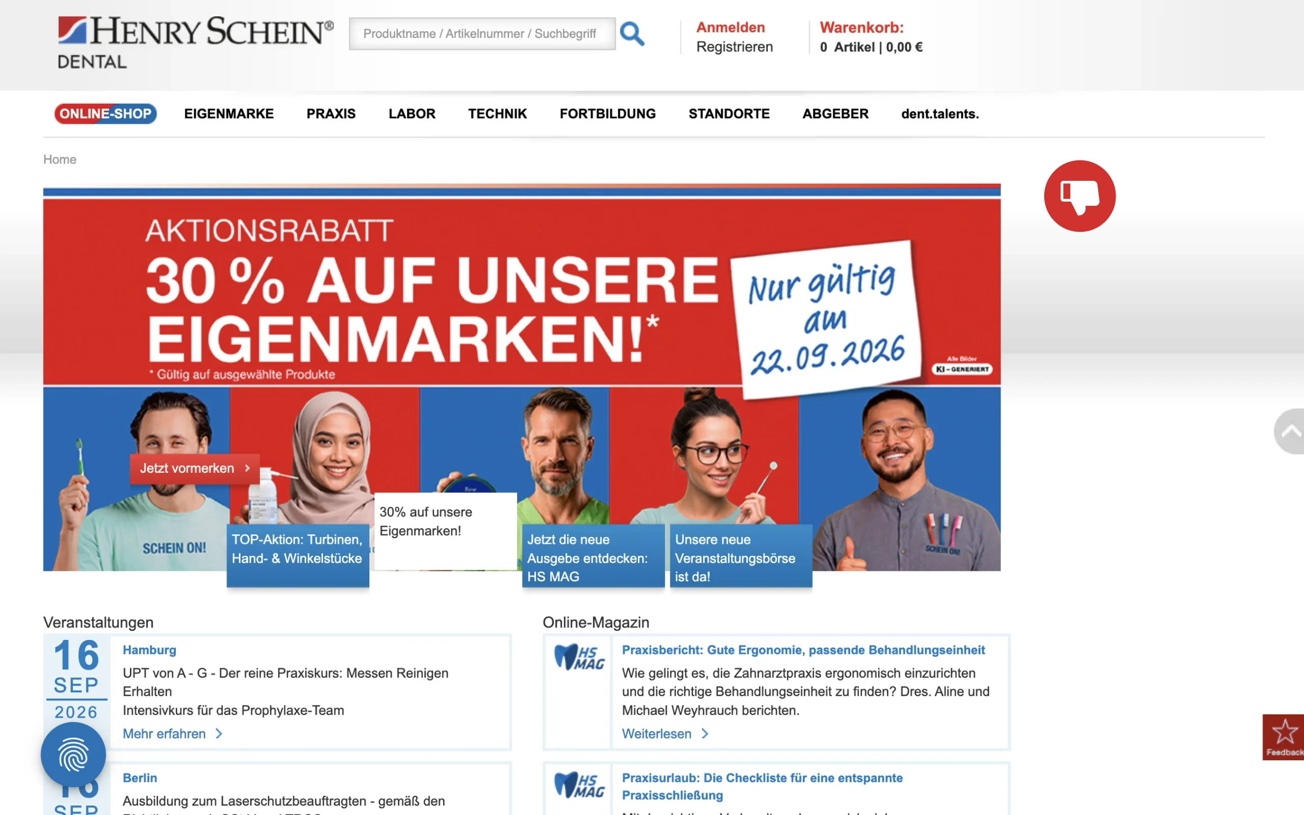 Screenshot-Beleg: Henry Schein Dental — Kriterium 5.4 Schnellbestellung per Artikelnr.