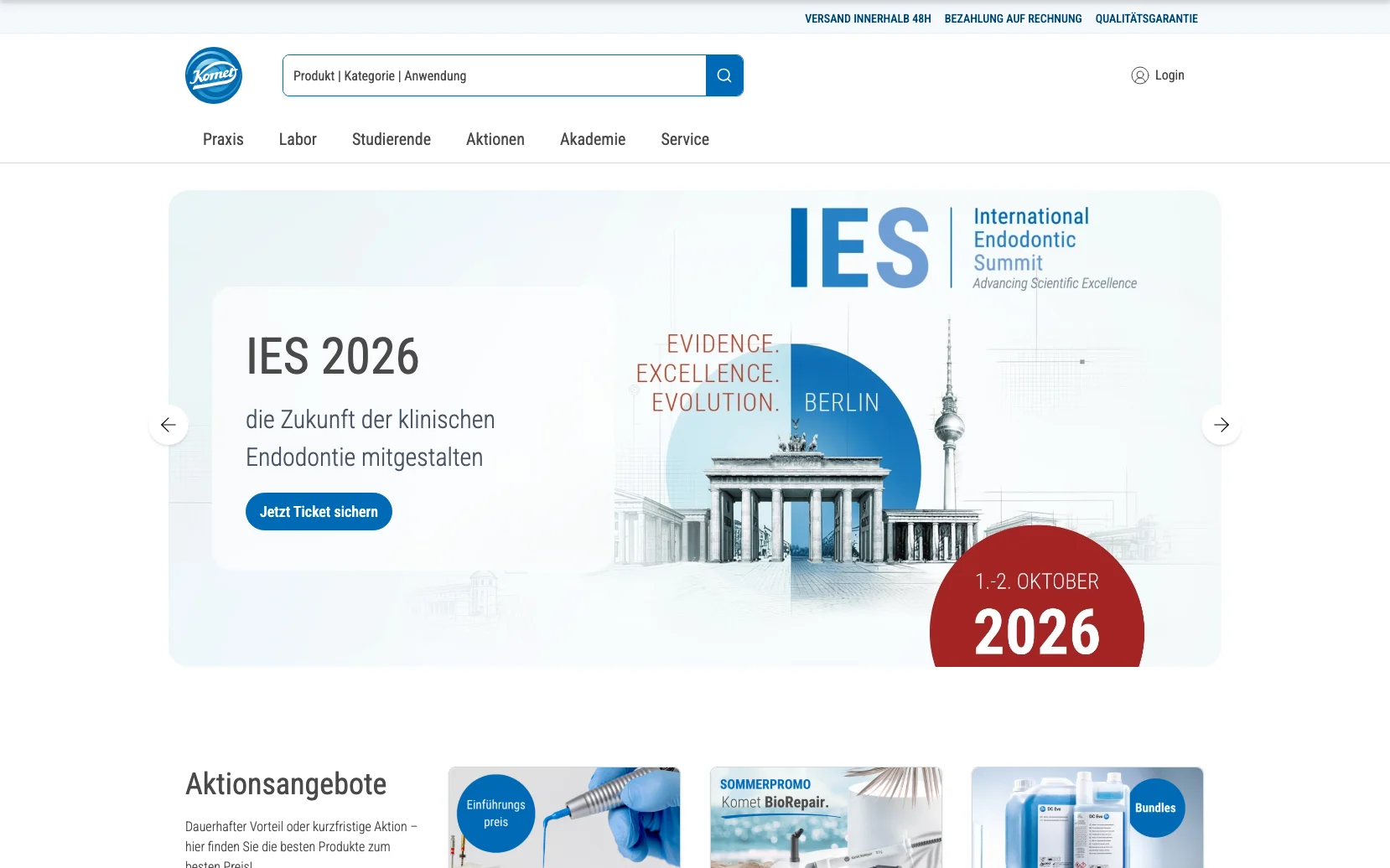 Screenshot-Beleg: Komet Dental — Kriterium 1.4 Design & Gesamteindruck