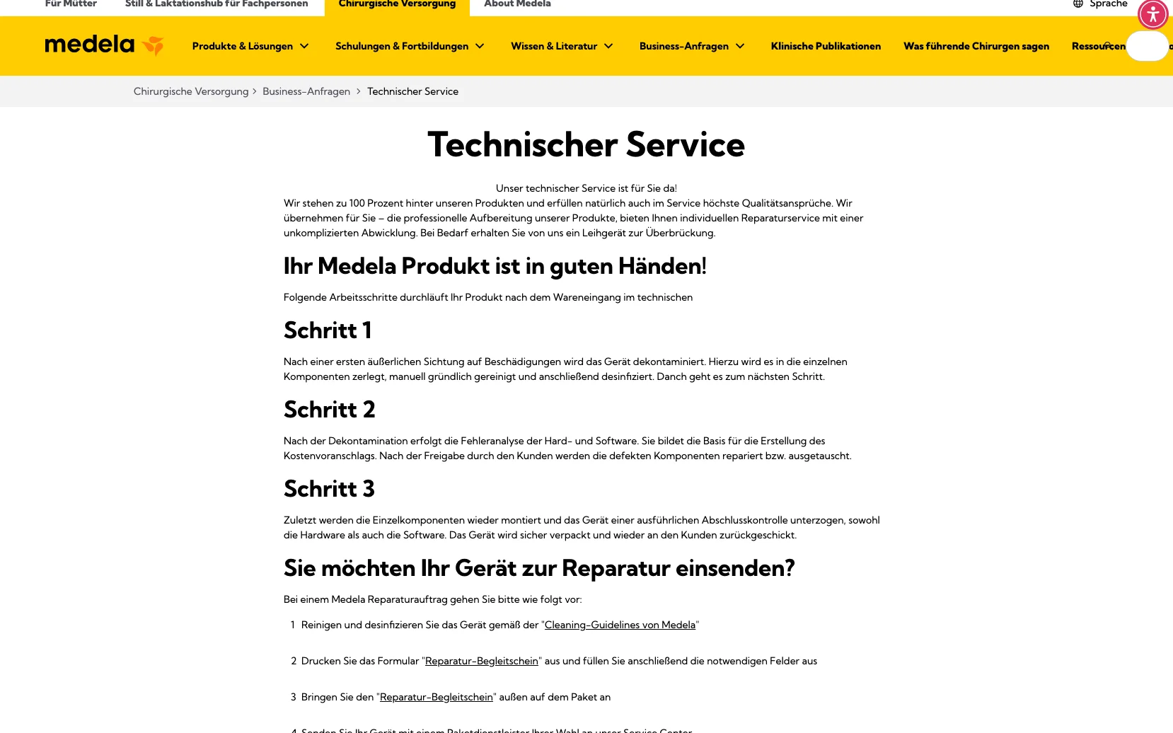 Screenshot-Beleg: Medela — Kriterium 6.5 Service- / Wartungs-Bereich