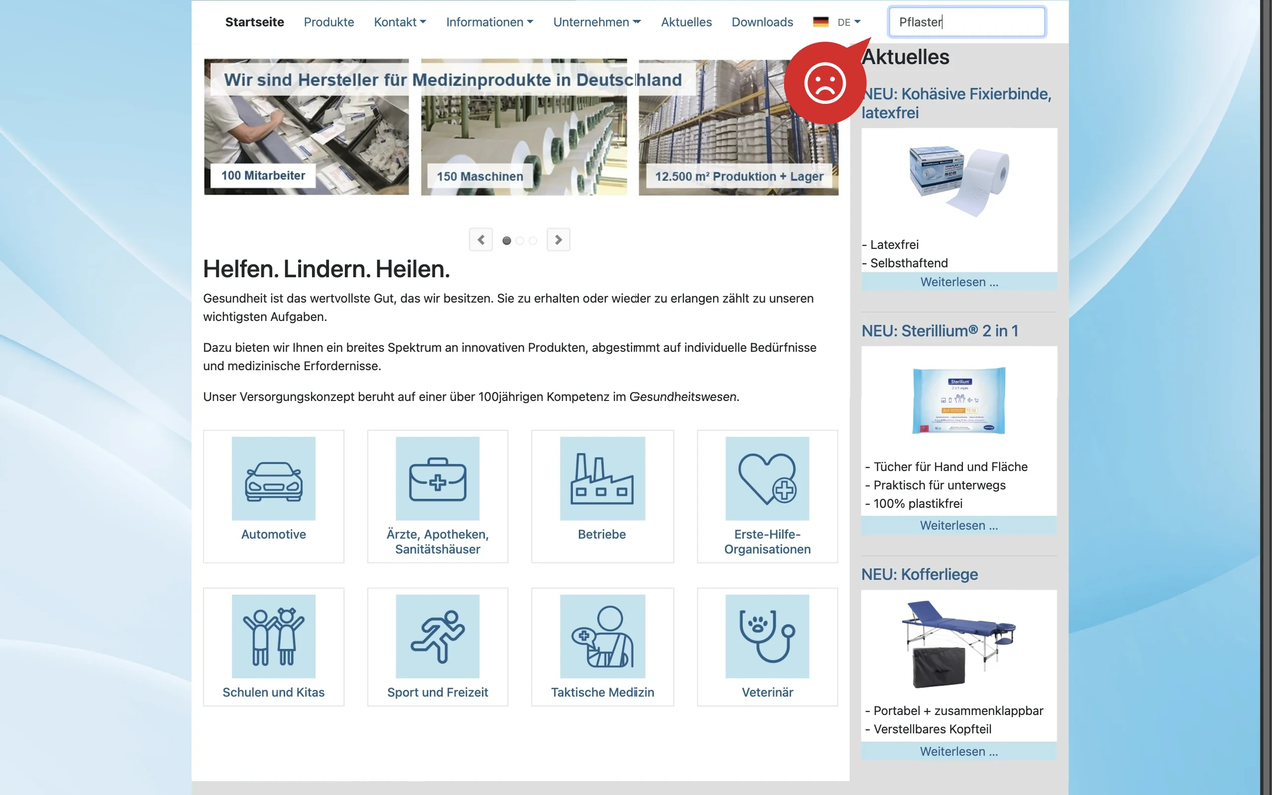 Screenshot-Beleg: Holthaus Medical — Kriterium 2.3 Suchvorschläge während der Eingabe