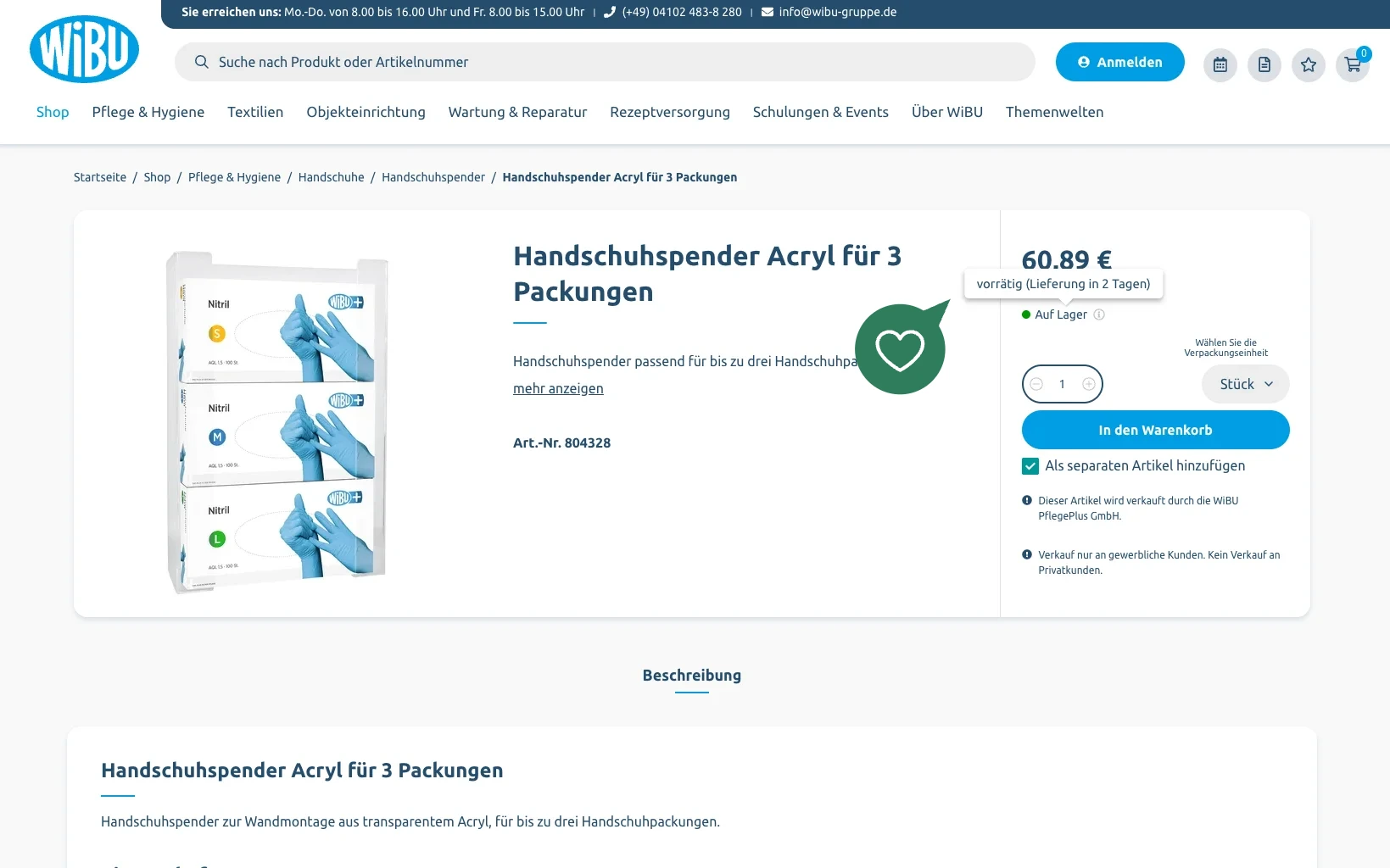 Screenshot-Beleg: WiBU PflegePlus — Kriterium 5.3 Lieferzeit / Verfügbarkeit