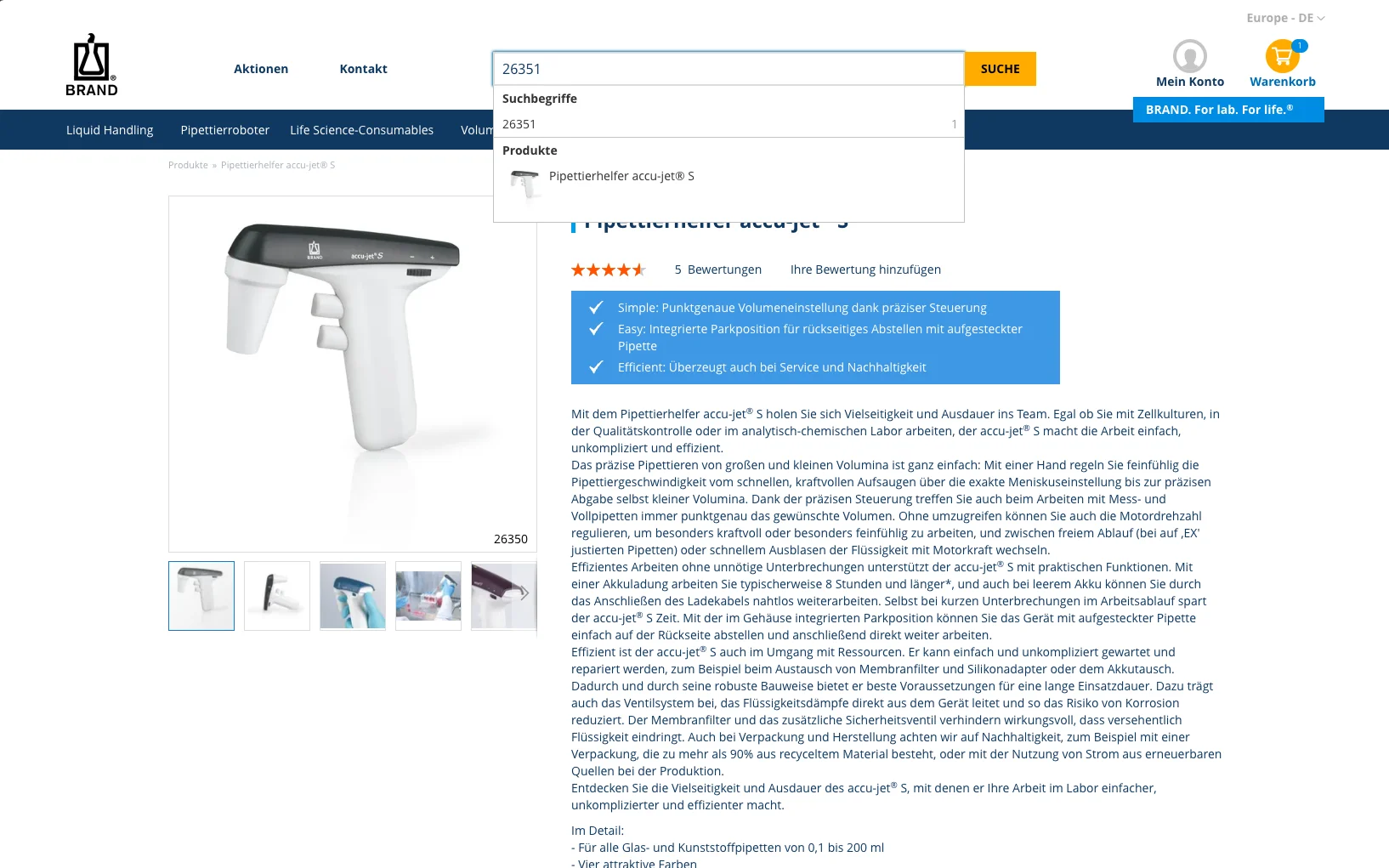 Screenshot-Beleg: Brand (Brandtech) — Kriterium 2.2 Suche per Artikelnr./PZN/REF