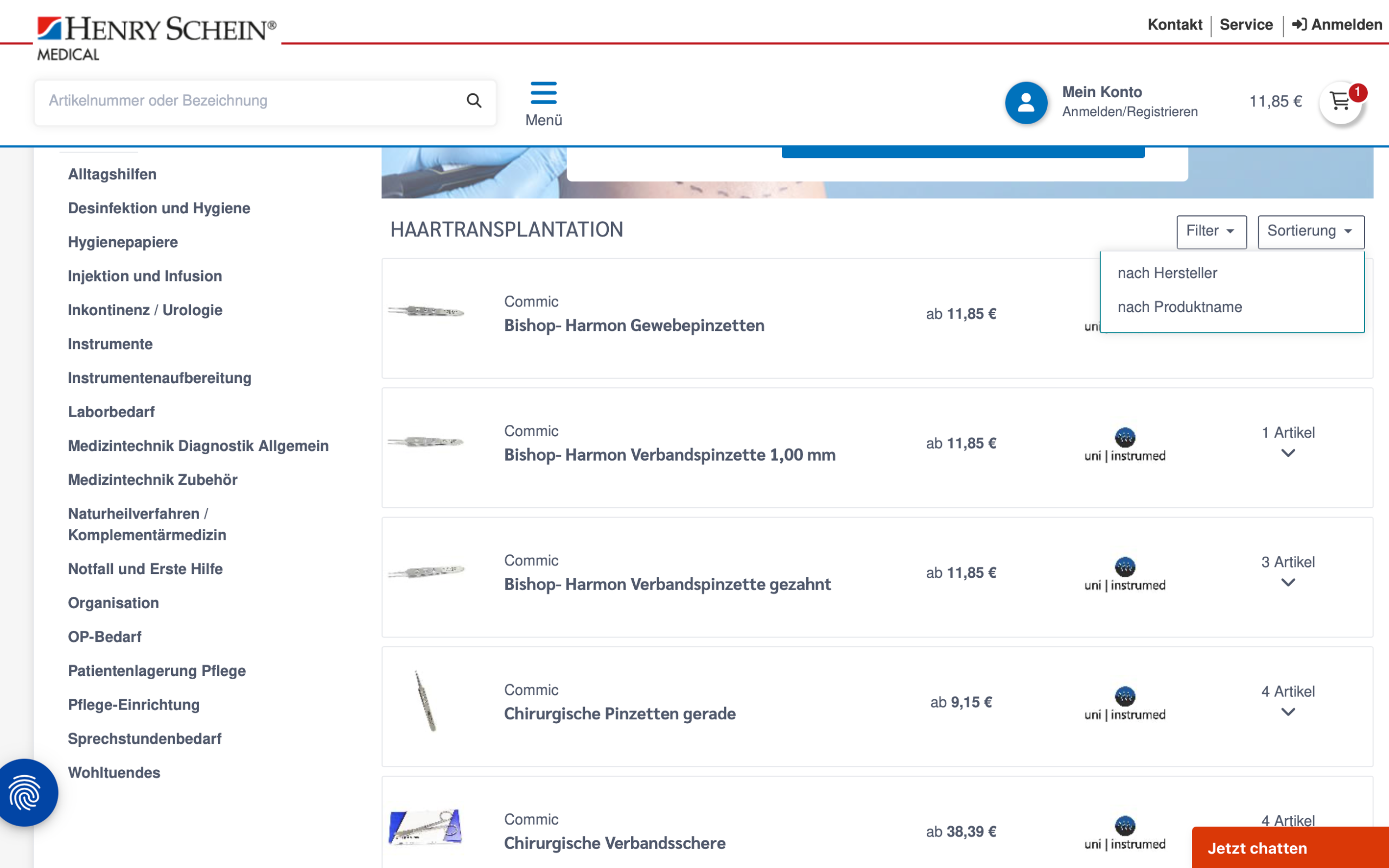 Screenshot-Beleg: Henry Schein Medical — Kriterium 3.2 Sortieroptionen