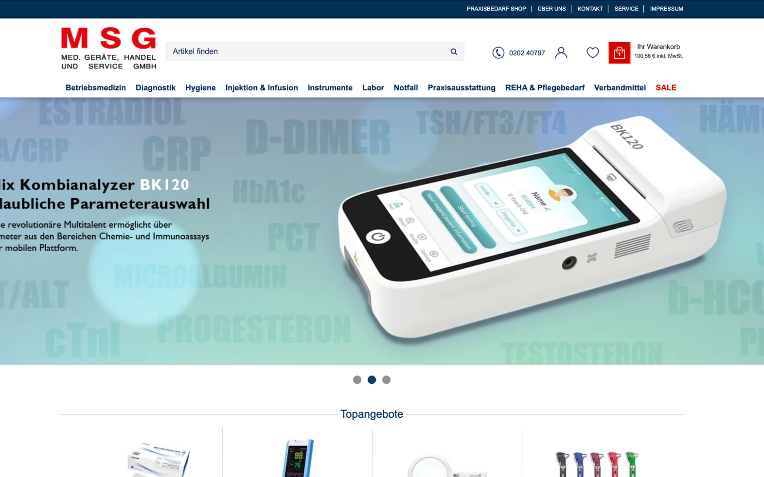 Screenshot-Beleg: MSG-Praxisbedarf — Kriterium 2.1 Suchfeld persistent in Top-Bar