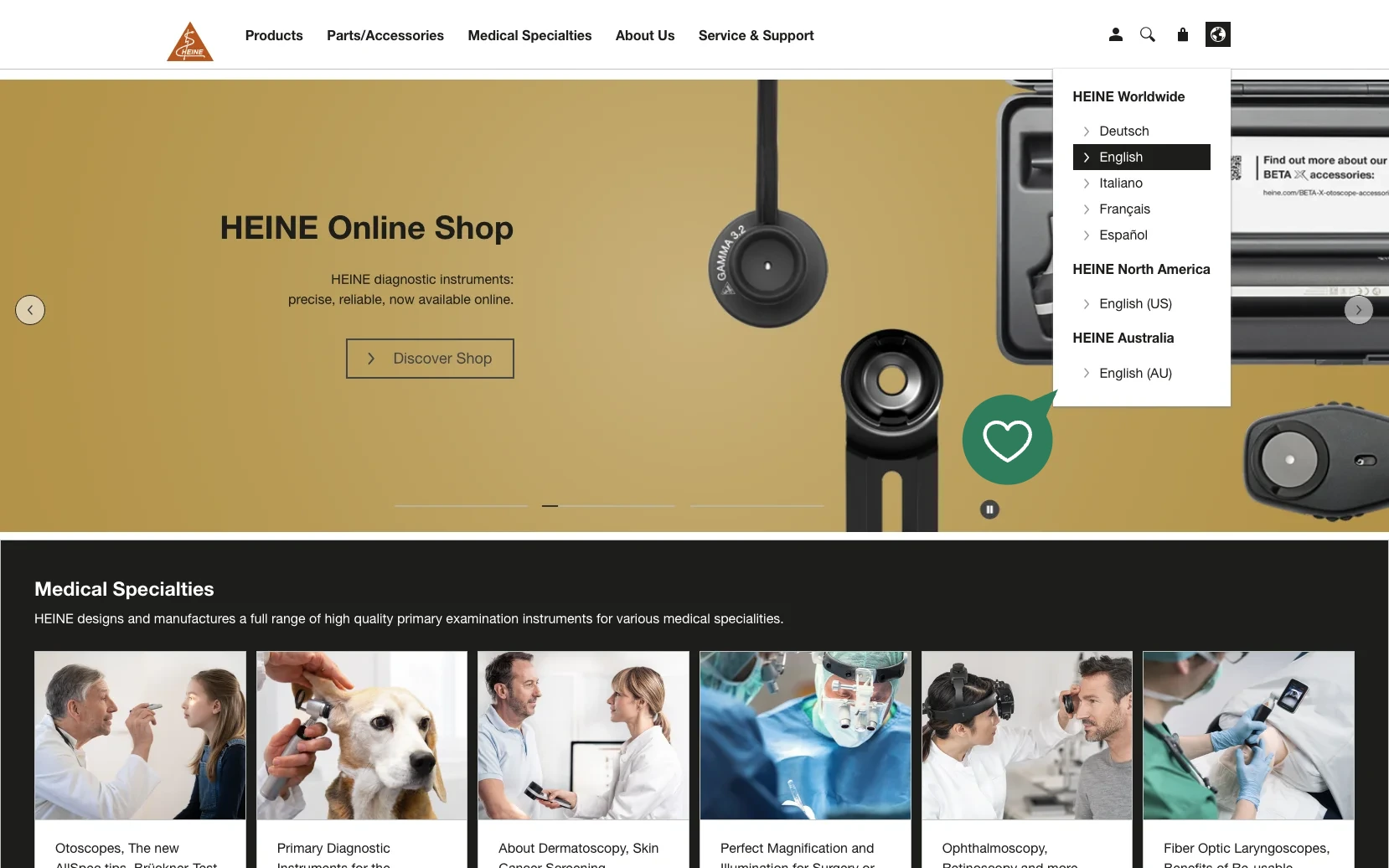 Screenshot-Beleg: Heine Optotechnik — Kriterium 1.5 Sprachauswahl