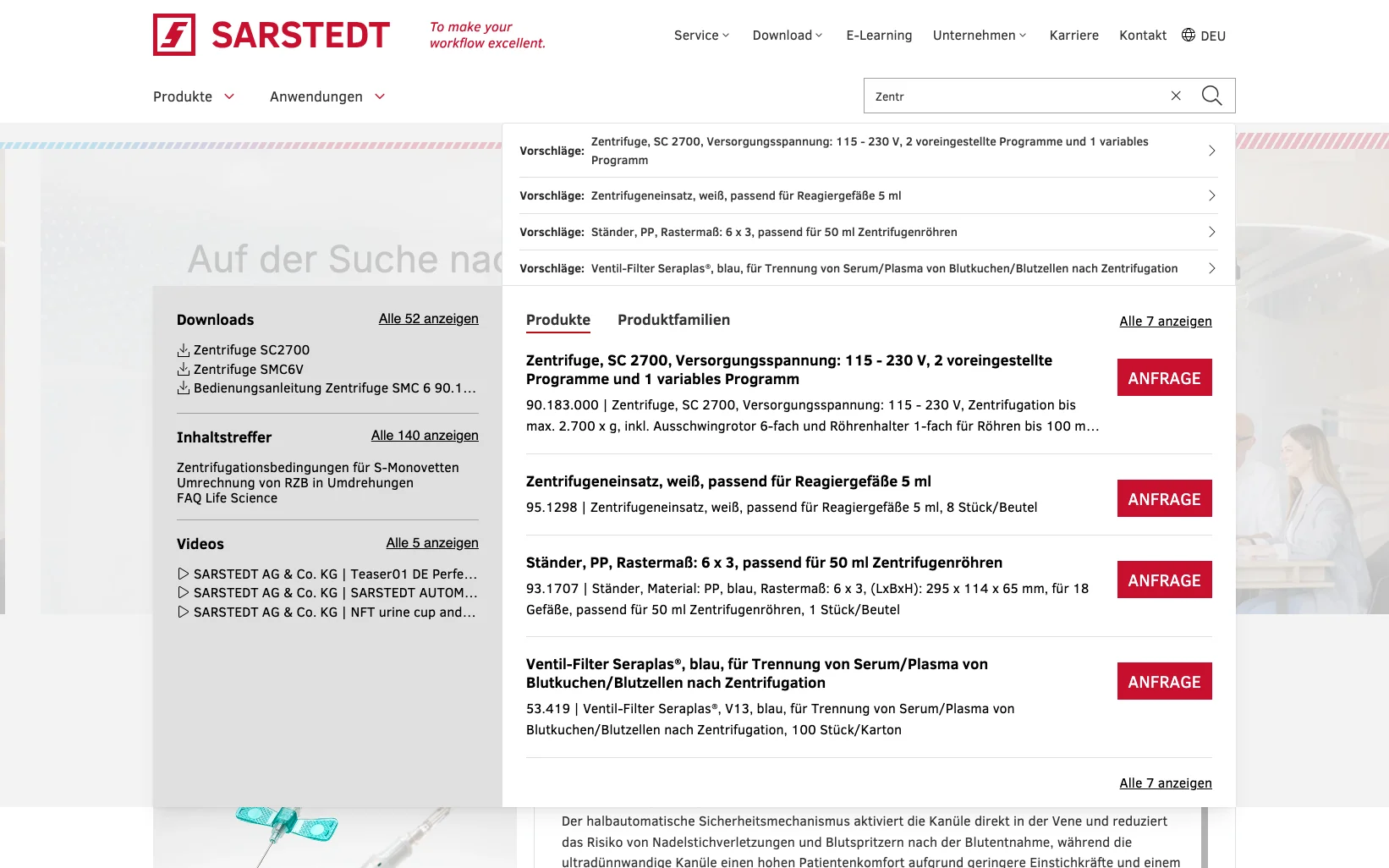 Screenshot-Beleg: Sarstedt — Kriterium 2.3 Suchvorschläge während der Eingabe