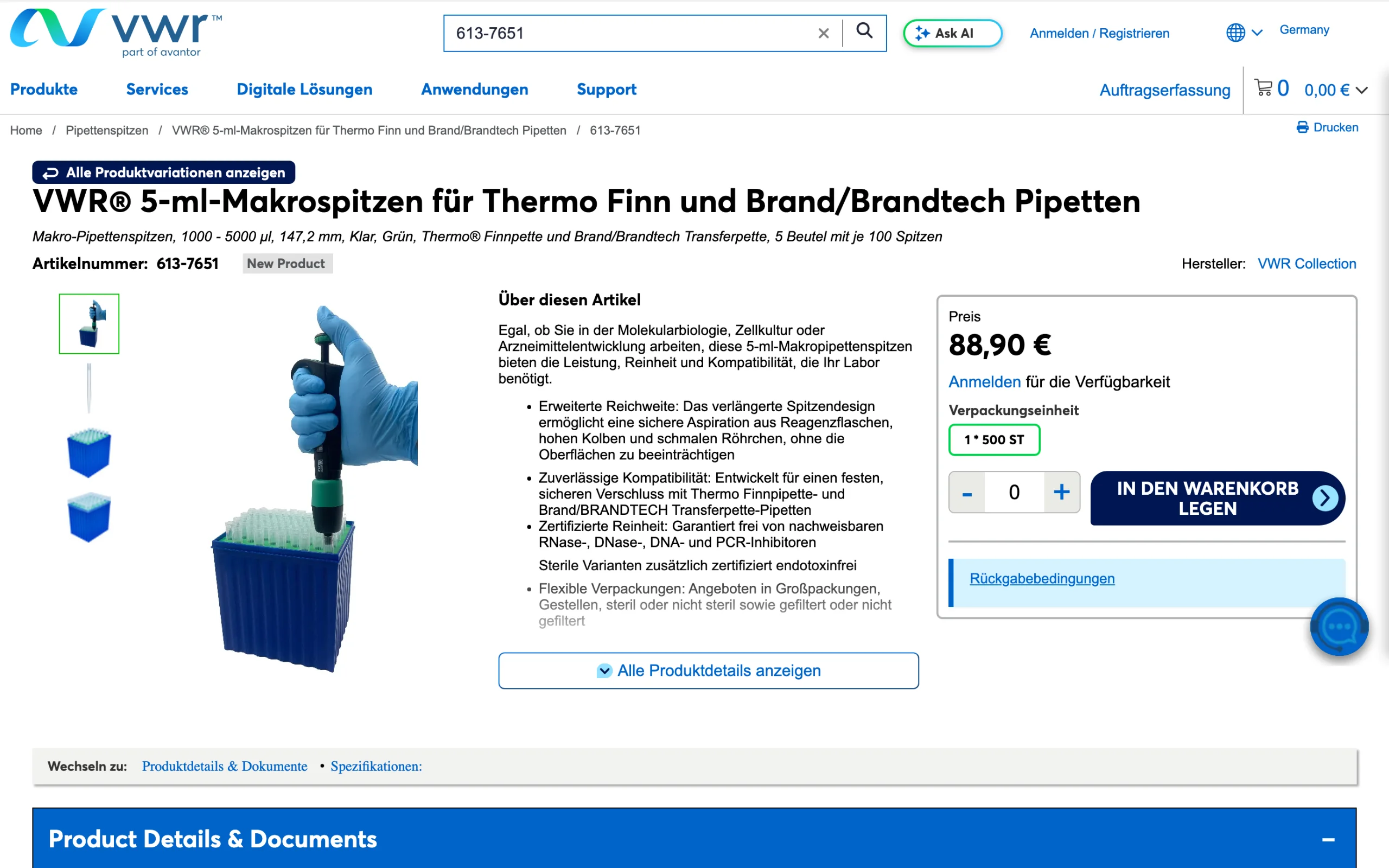 Screenshot-Beleg: VWR / Avantor — Kriterium 2.2 Suche per Artikelnr./PZN/REF