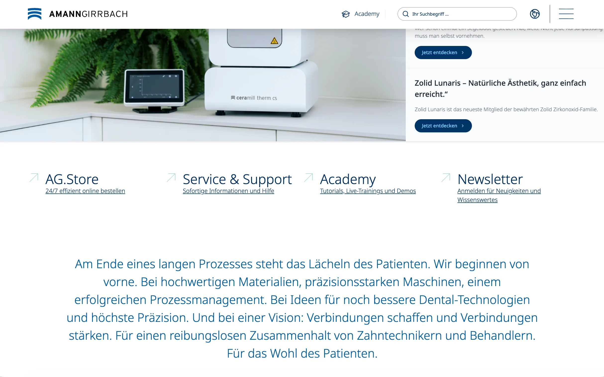 Screenshot-Beleg: Amann Girrbach — Kriterium 6.5 Service- / Wartungs-Bereich