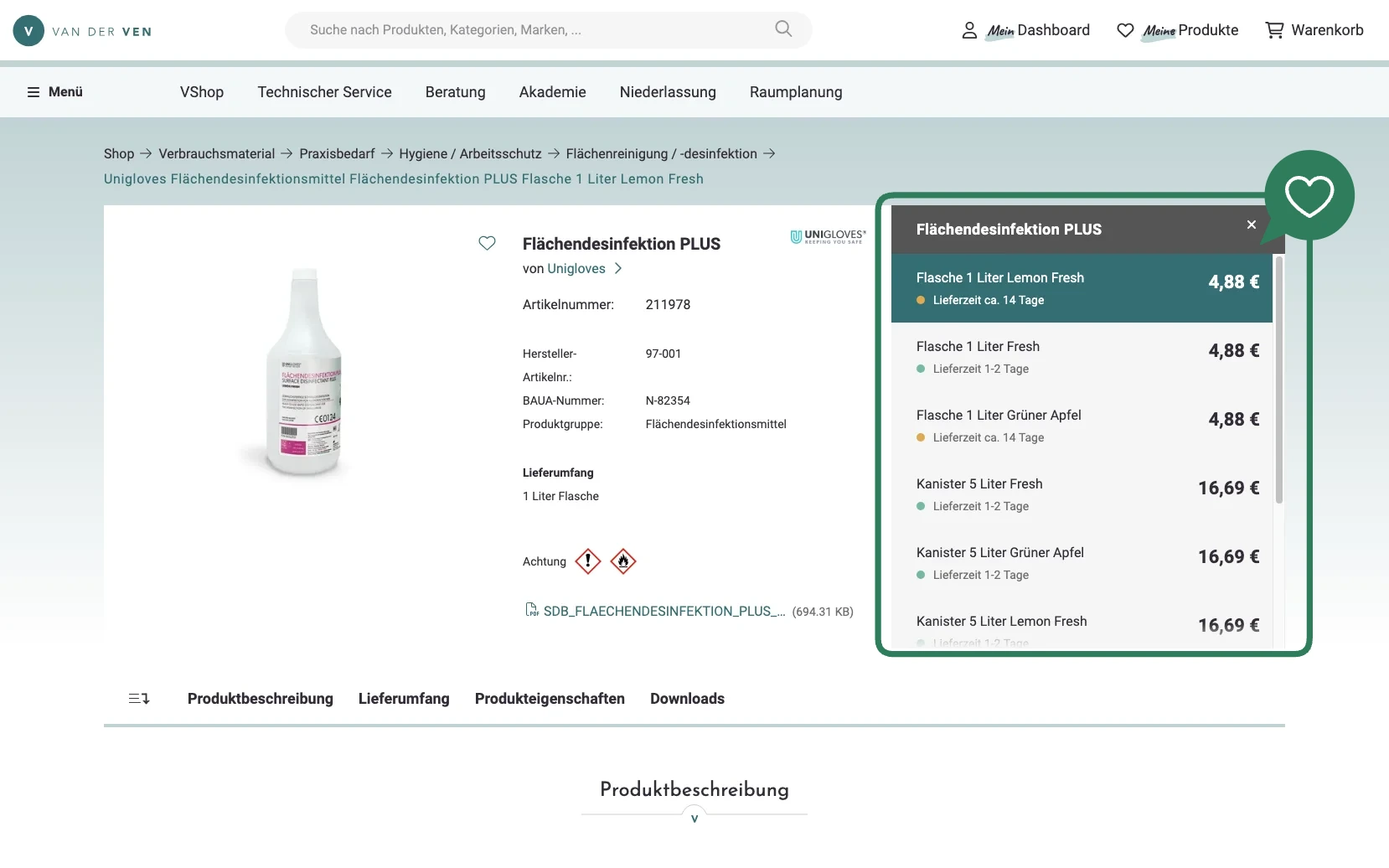 Screenshot-Beleg: van der Ven Dental — Kriterium 4.4 Verpackungseinheit / Varianten